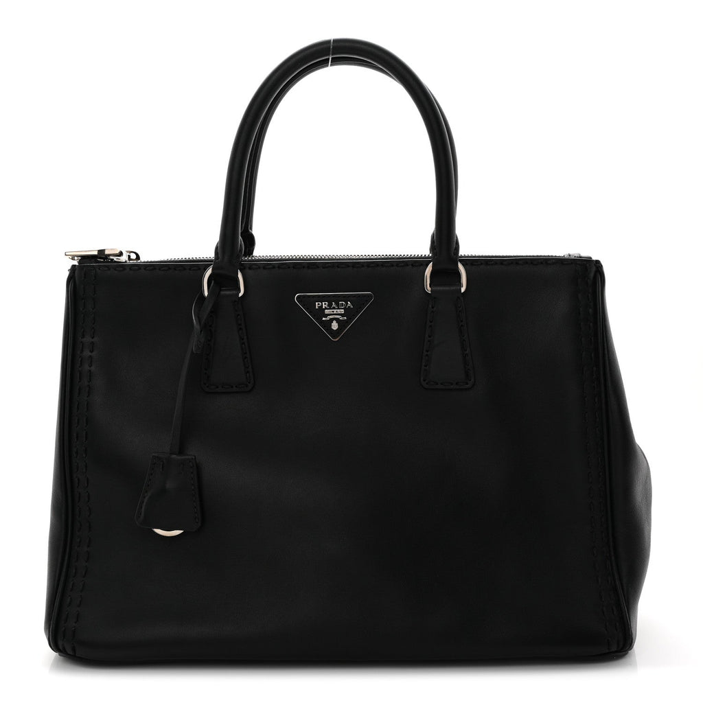 Prada City Calf Hand Stitched Large Galleria Double Zip Tote Black
