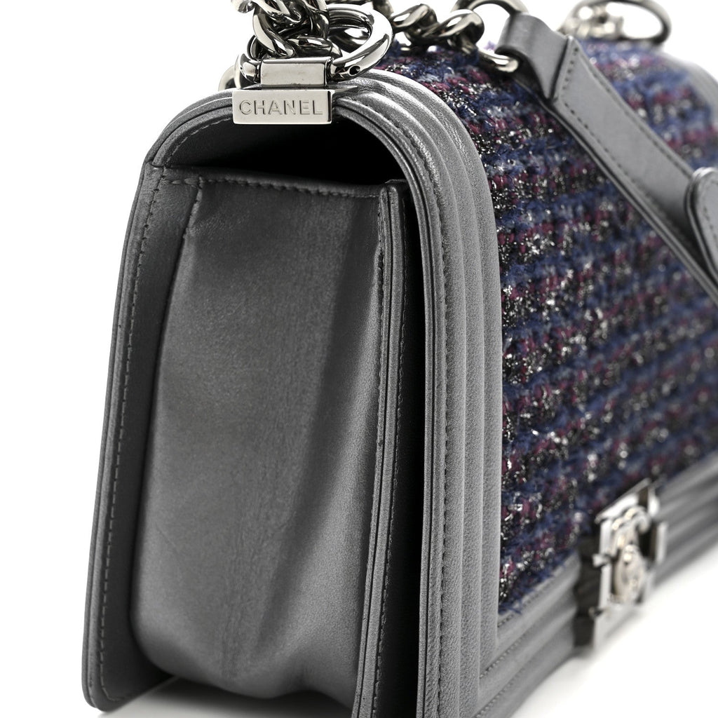 Chanel Tweed Metallic Lambskin Medium Boy Flap Silver