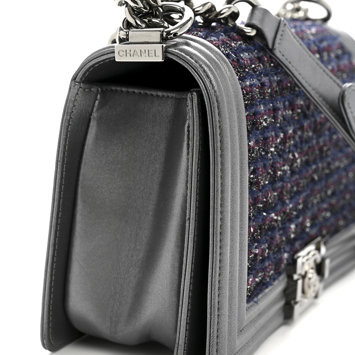 Chanel Tweed Metallic Lambskin Medium Boy Flap Silver