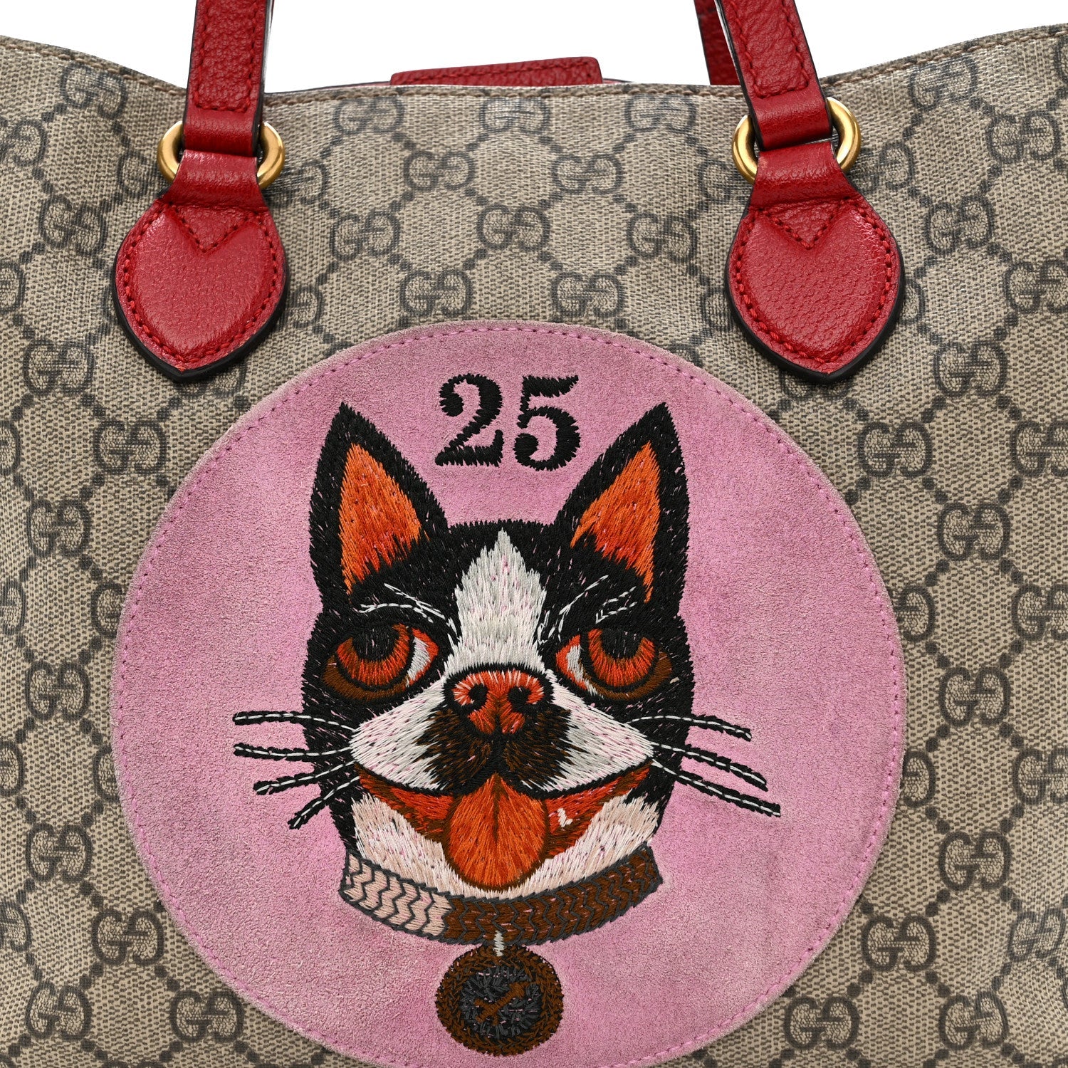 Gucci Soft GG Supreme Monogram Web Bosco Patch Small Crossbody Tote Beige Malva Hibiscus Red