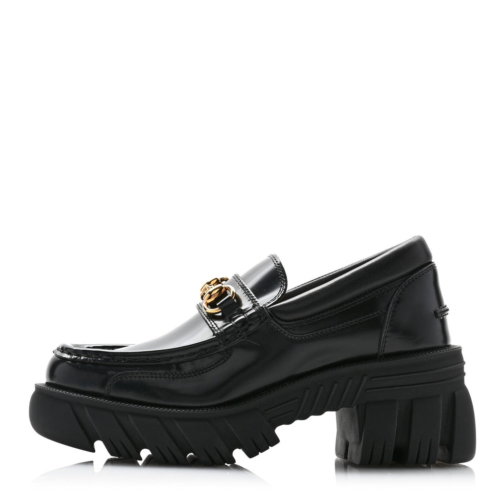 Gucci Magnum Calfskin Nappa Samoa Womens Horsebit Platform Chunky Lug Sole 40mm Loafers 35.5 Black