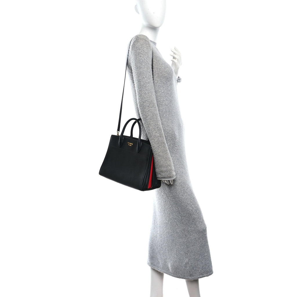 Prada Saffiano City Calfskin Medium Bibliothèque Top Handle Black Fuoco