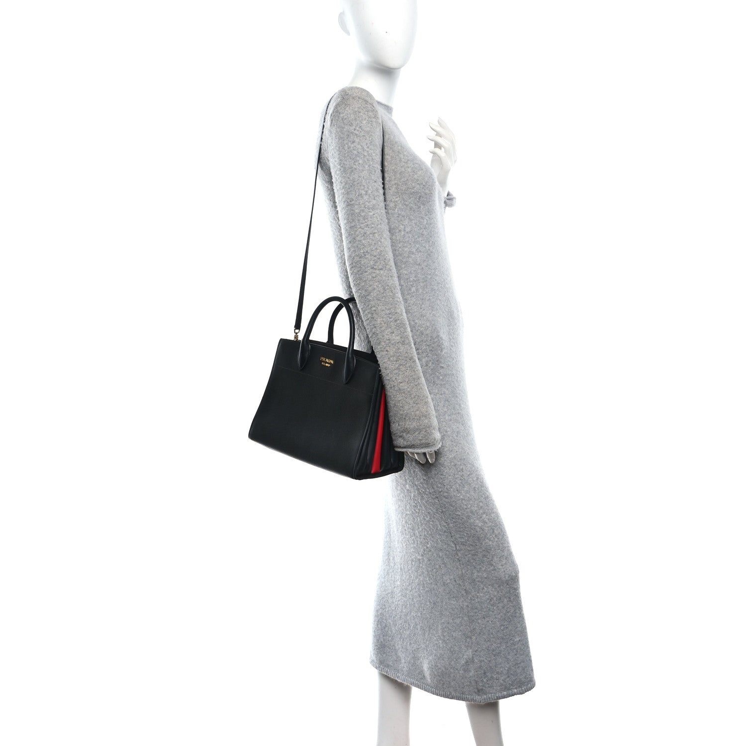 Prada Saffiano City Calfskin Medium Bibliothèque Top Handle Black Fuoco