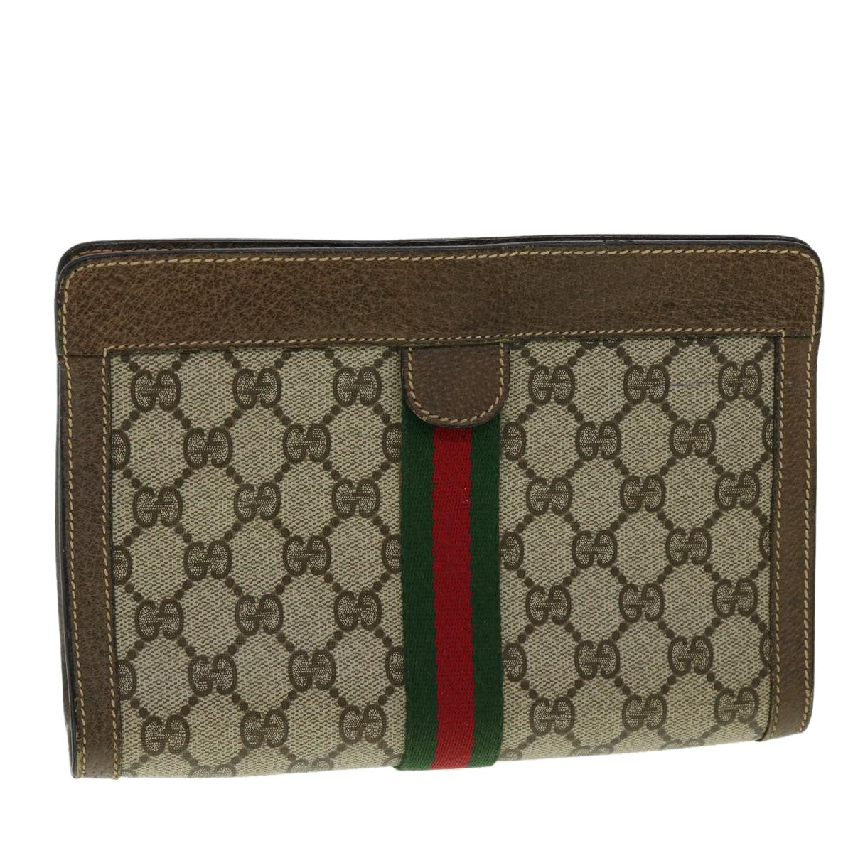 GUCCI GG Canvas Web Sherry Line Clutch Bag Beige Red Green  am3107