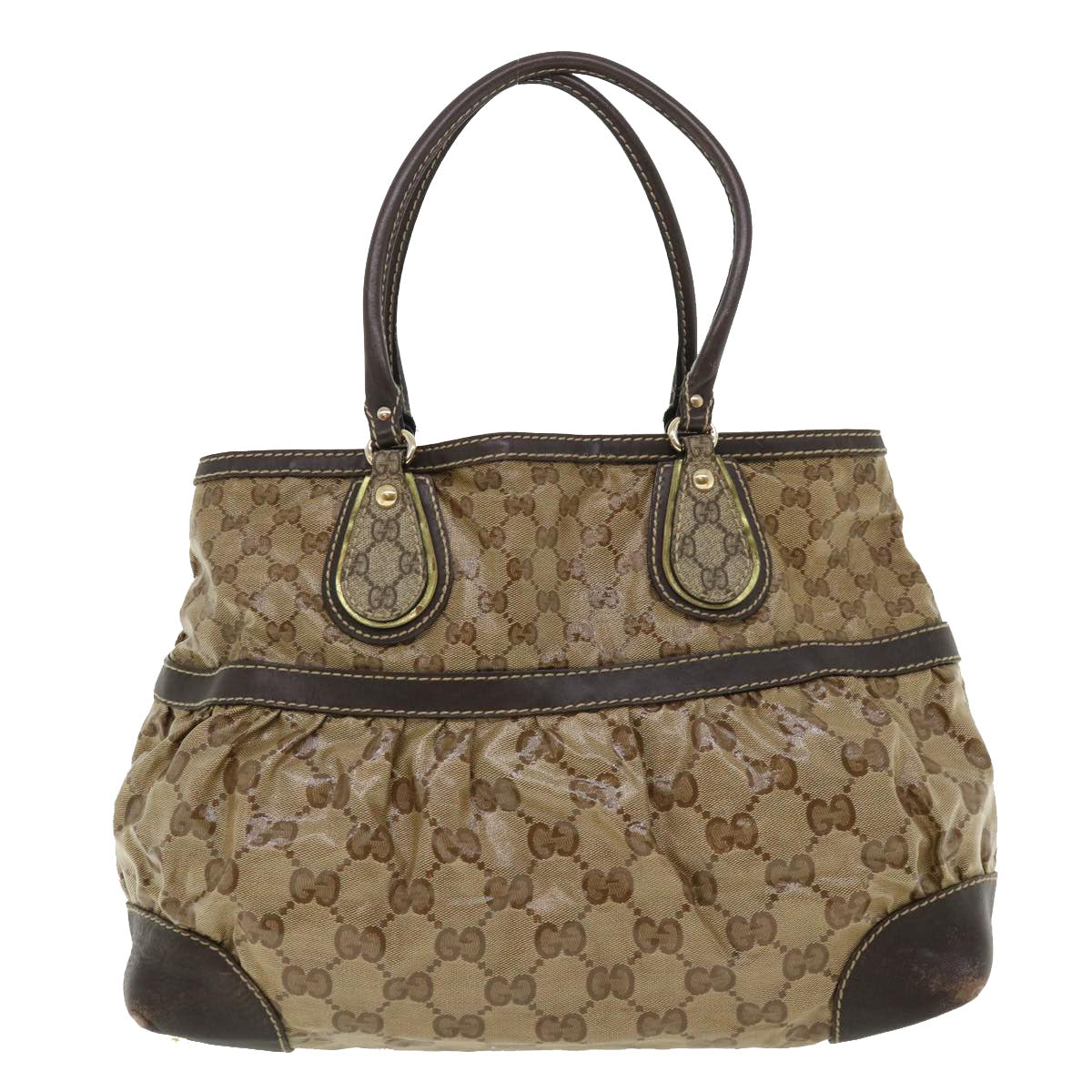 GUCCI GG Canvas Tote Bag Coated Canvas Beige Dark Brown  am3623