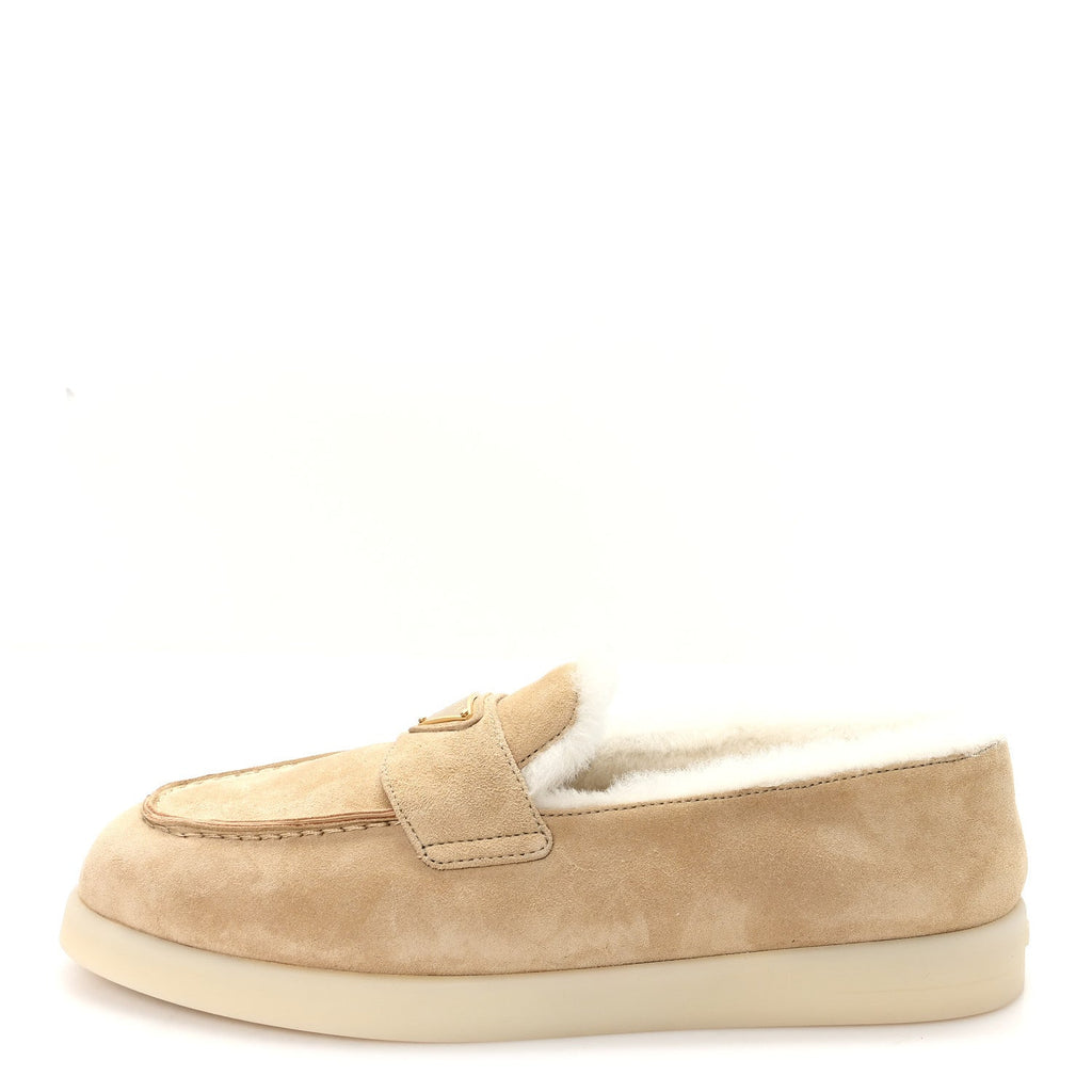 Prada Suede Shearling Triangle Logo Loafer 39 Ecru