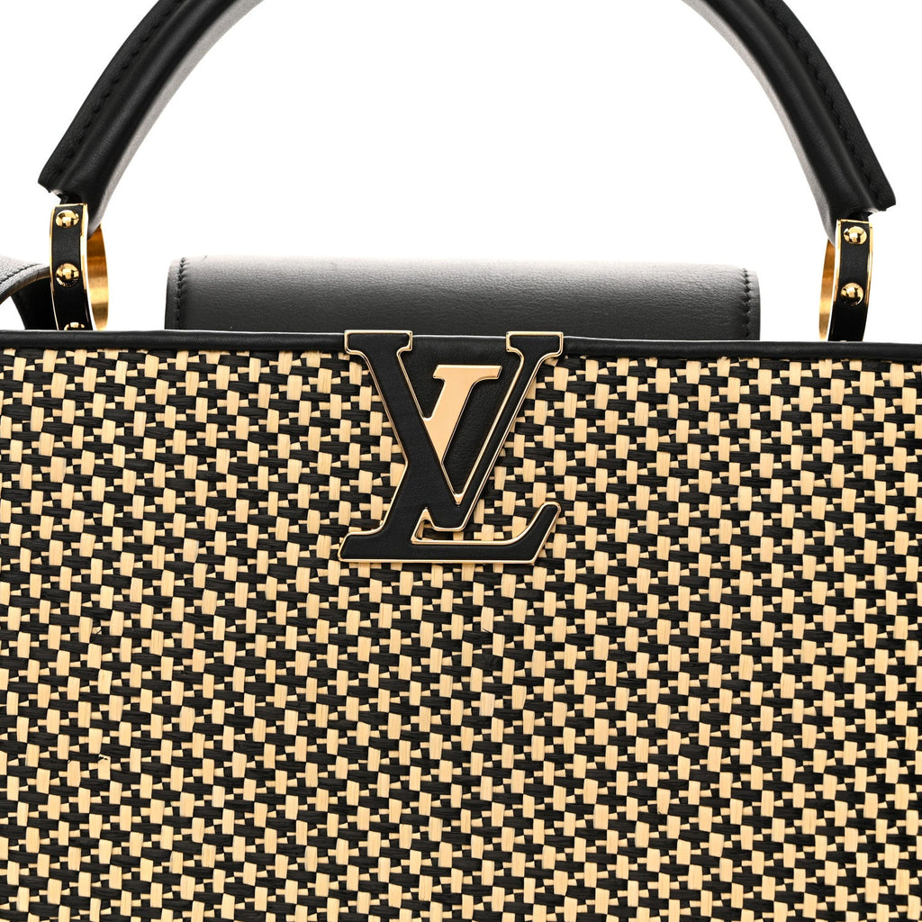 Louis Vuitton Raffia Calfskin Capucines MM Black Ecru