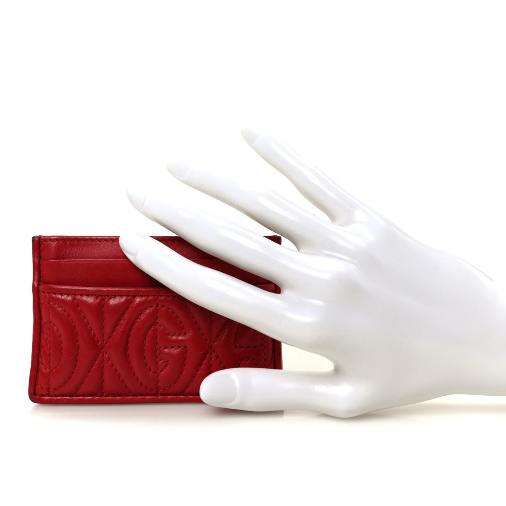 Gucci Calfskin G Rhombus Quilted Card Holder Hibiscus Red
