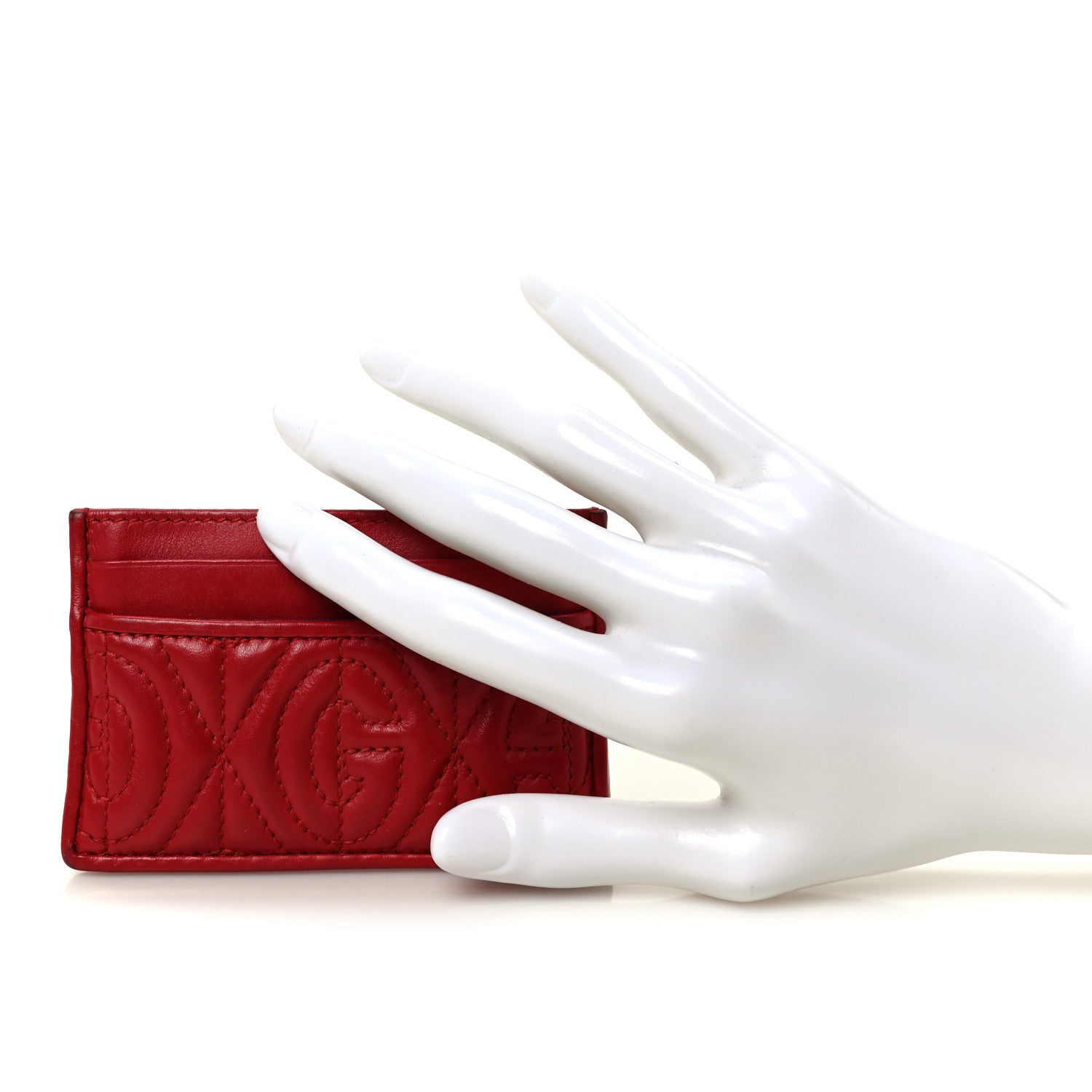 Gucci Calfskin G Rhombus Quilted Card Holder Hibiscus Red