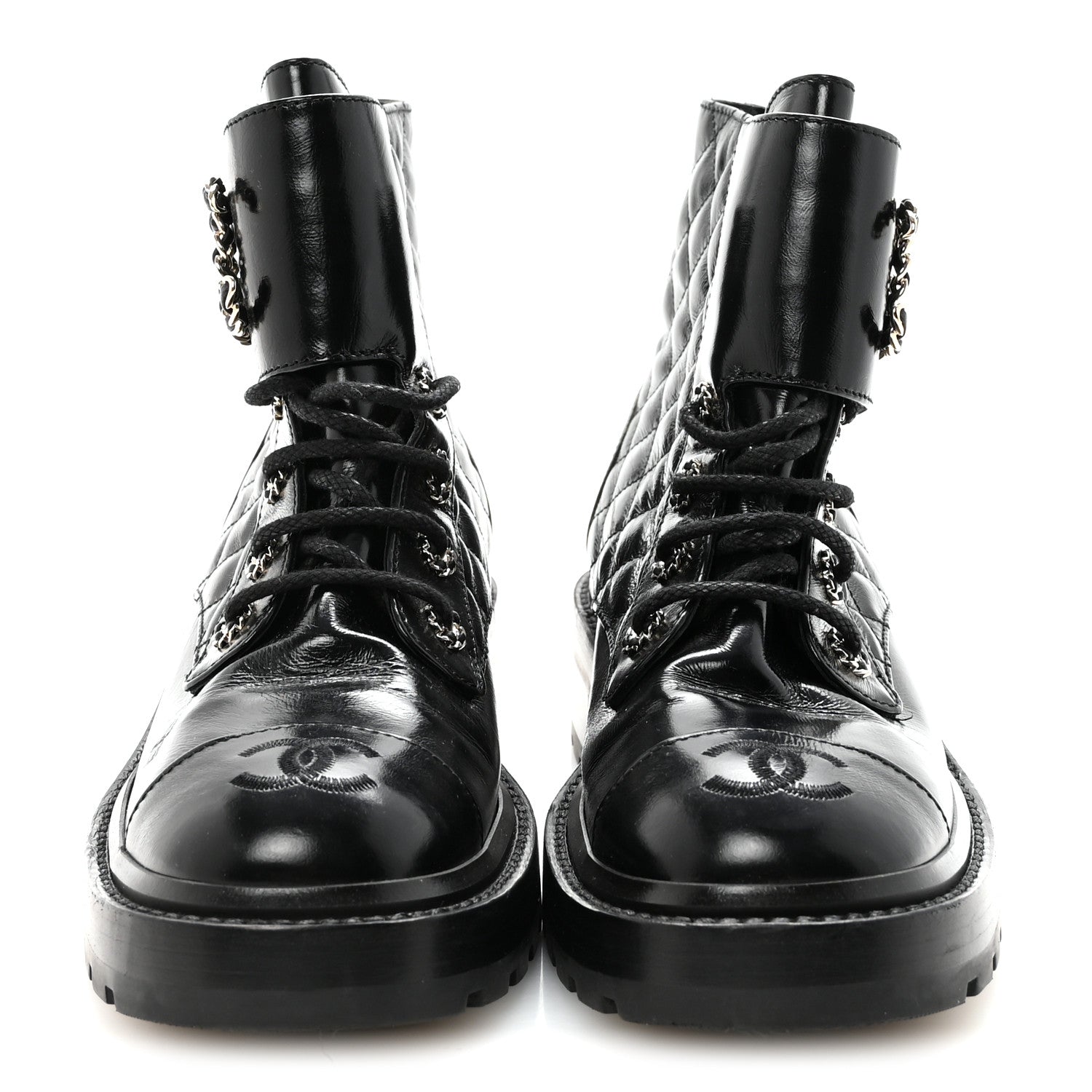 Chanel Shiny Calfskin Quilted Lace Up Combat Boots 37.5 Black