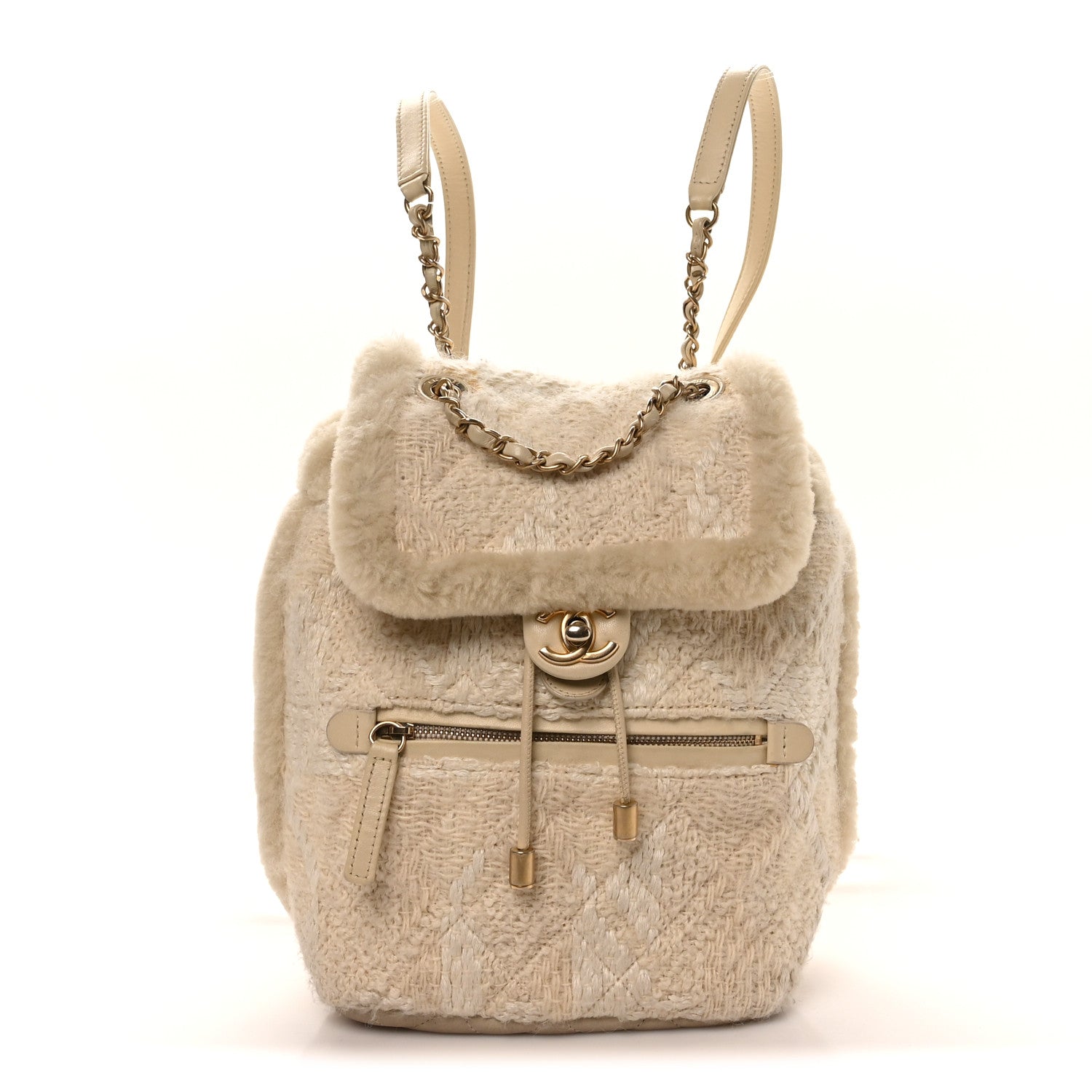 Chanel Tweed Shearling Quilted CC Backpack White