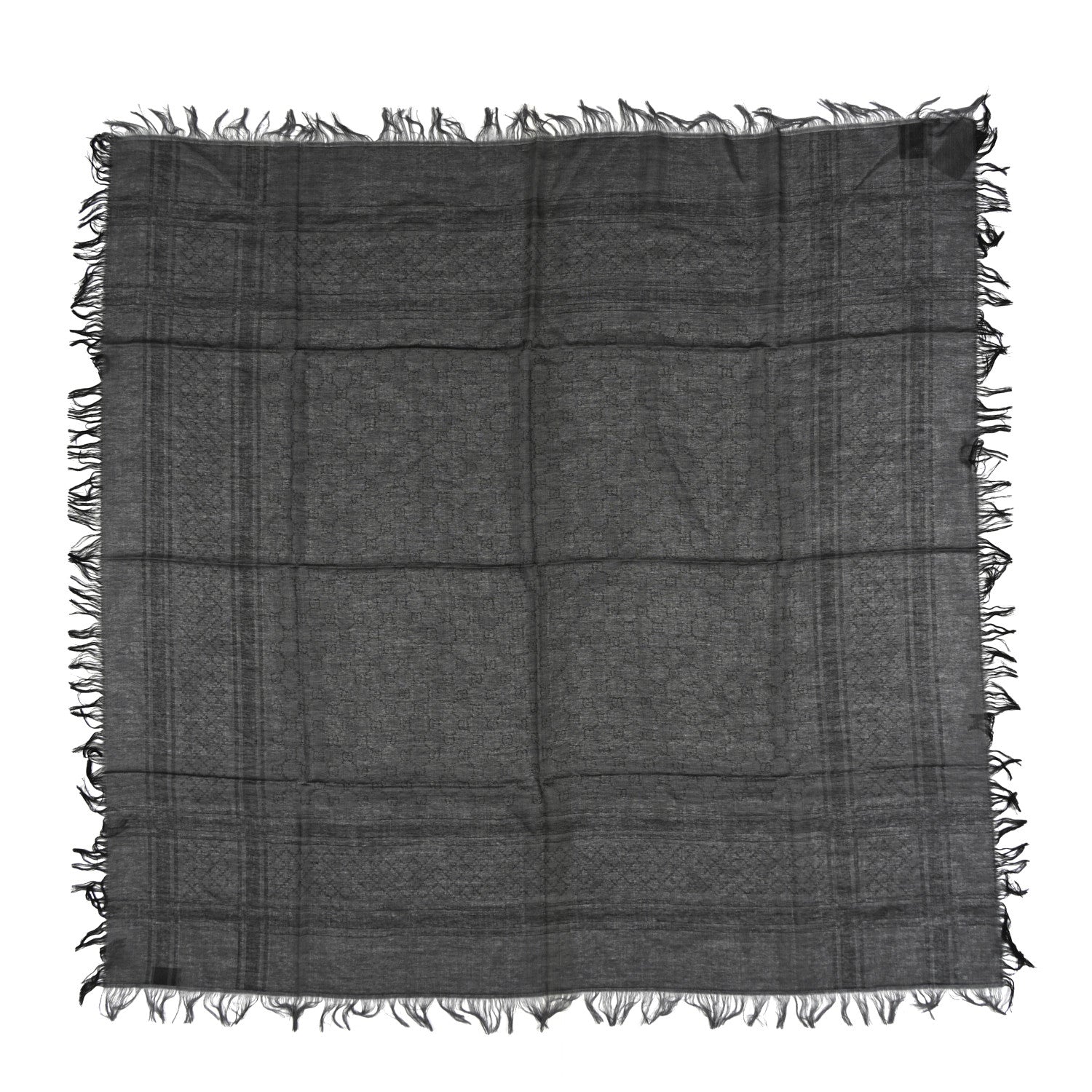 Gucci Wool Silk GG Monogram Diamante Plaid Surviee Shawl Graphite Black