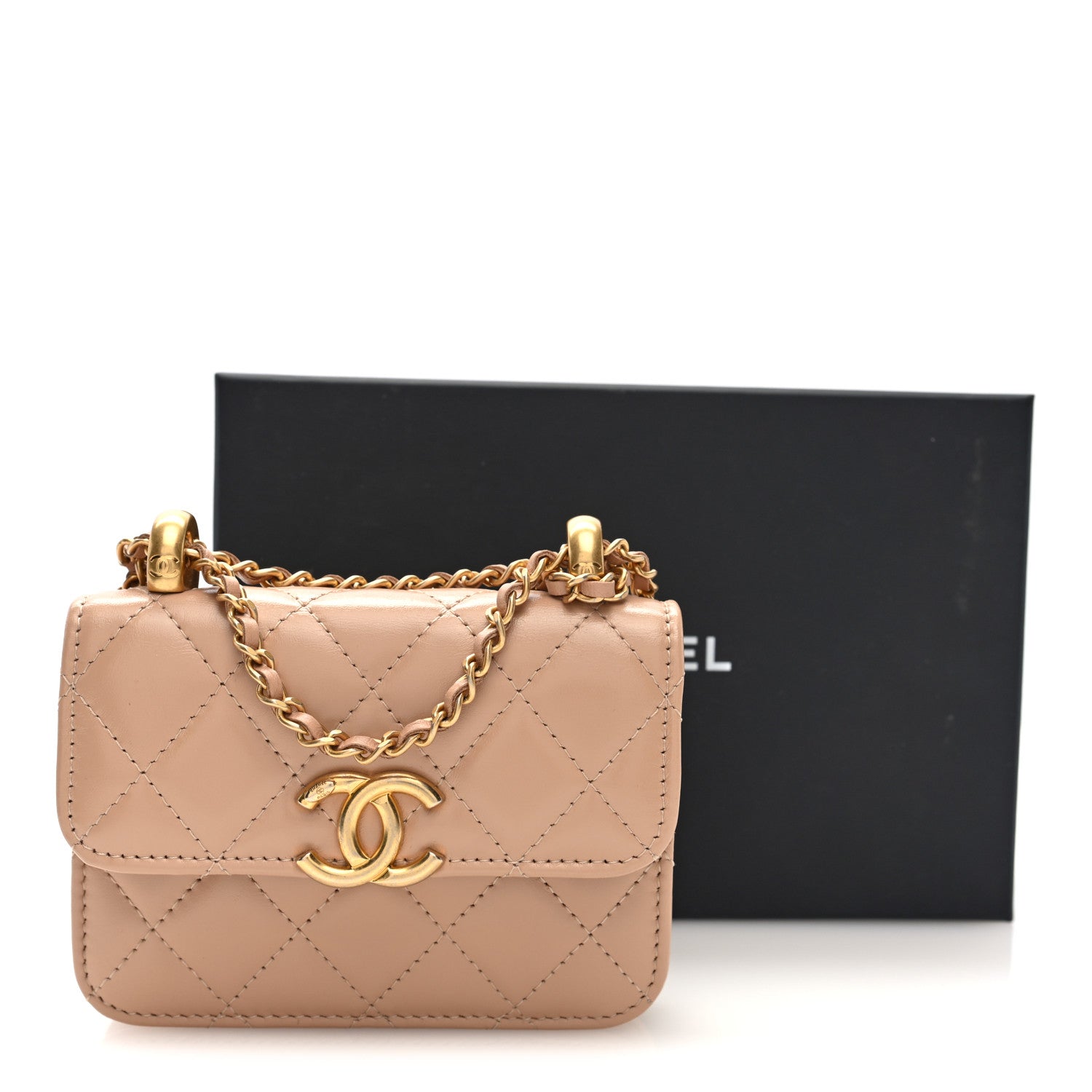 Chanel Calfskin Quilted Perfect Fit Coin Purse With Chain Beige
