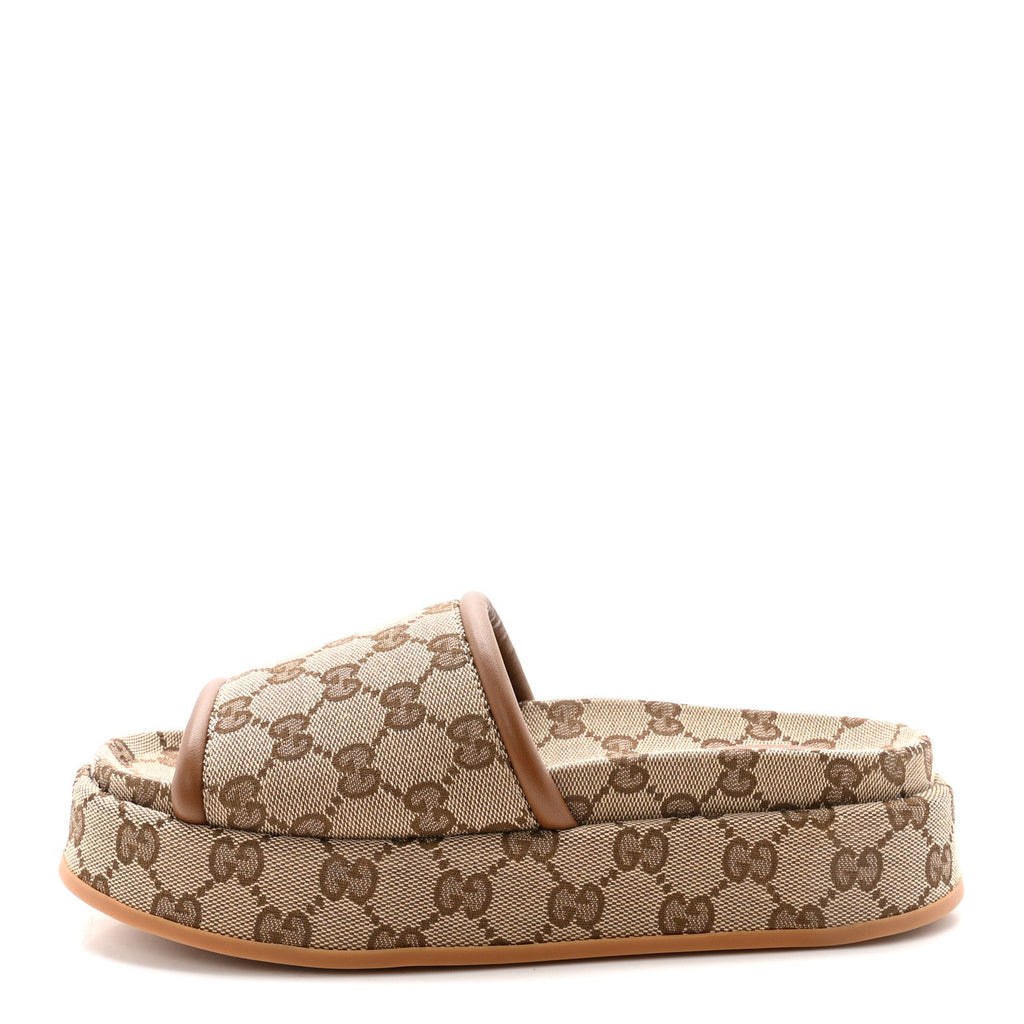 Gucci Original GG Canvas Monogram Womens GG Platform Sandals 37 Beige Dark Brown