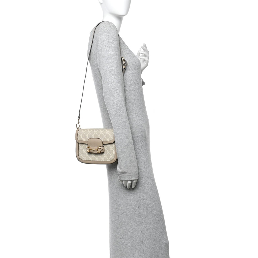 Gucci GG Supreme Monogram Textured Dollar Calfskin Web Mini Horsebit 1955 Shoulder Bag Beige Mystic White Oatmeal