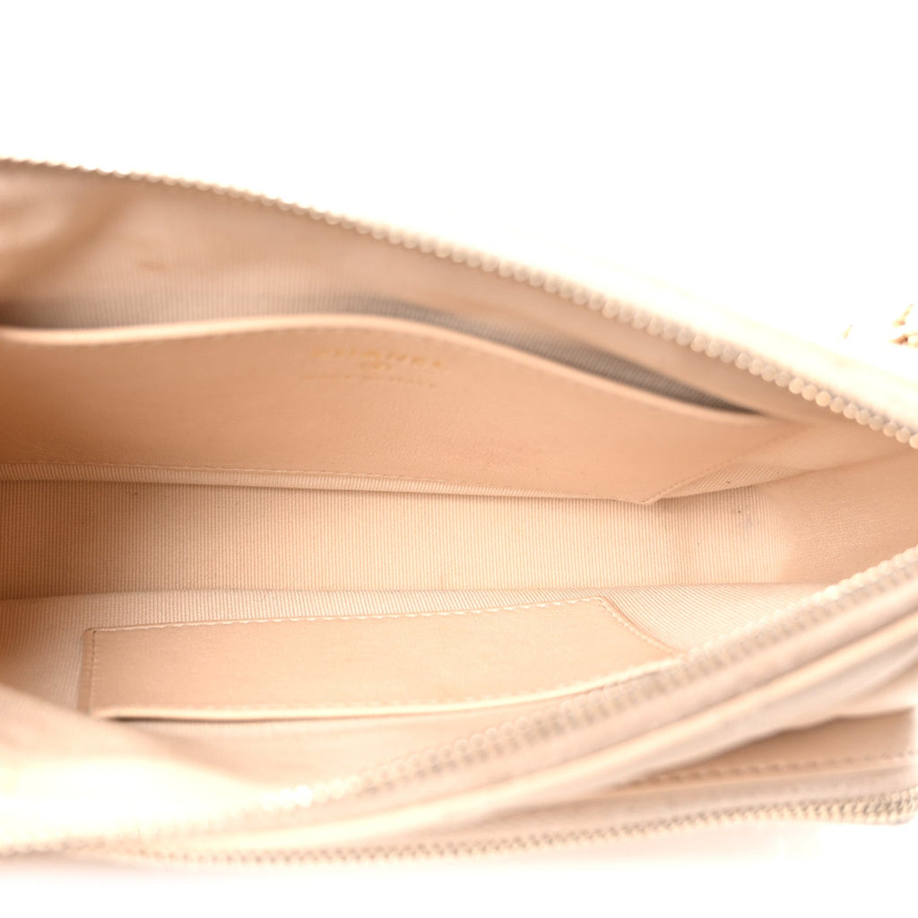 Chanel Shiny Crumpled Lambskin Quilted Small Preppy Pocket Clutch With Chain Beige