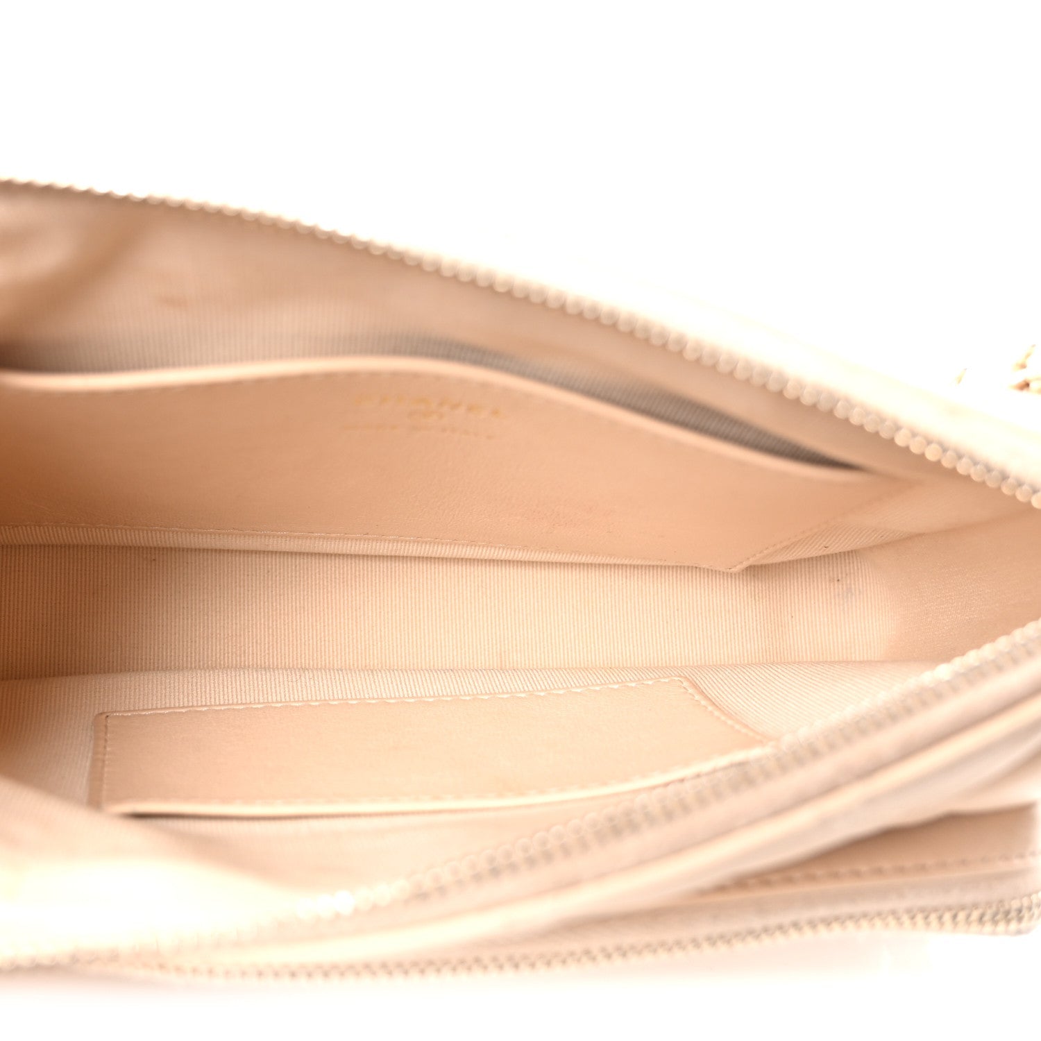 Chanel Shiny Crumpled Lambskin Quilted Small Preppy Pocket Clutch With Chain Beige