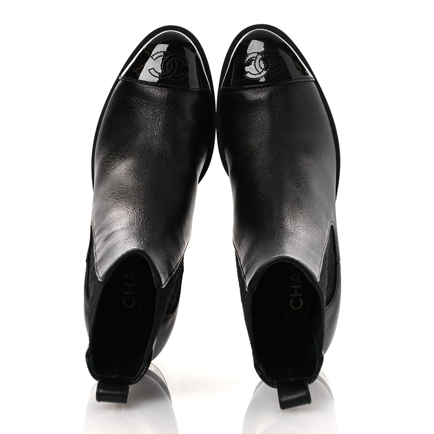 Chanel Shiny Grained Calfskin Patent Cap Toe Interlocking CC Short Boots 37.5 Black