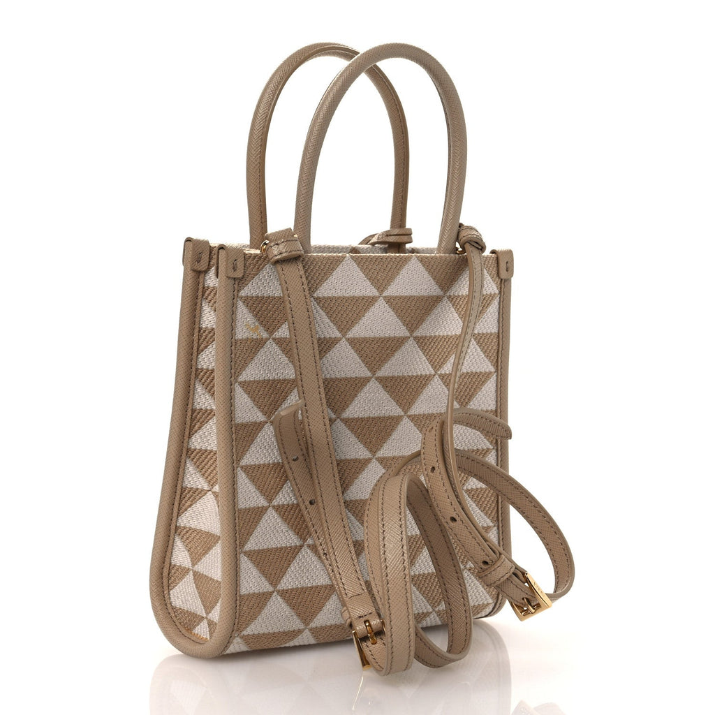 Prada Jacquard Saffiano Triangolo Symbole Embroidered Micro Tote Corda Talco