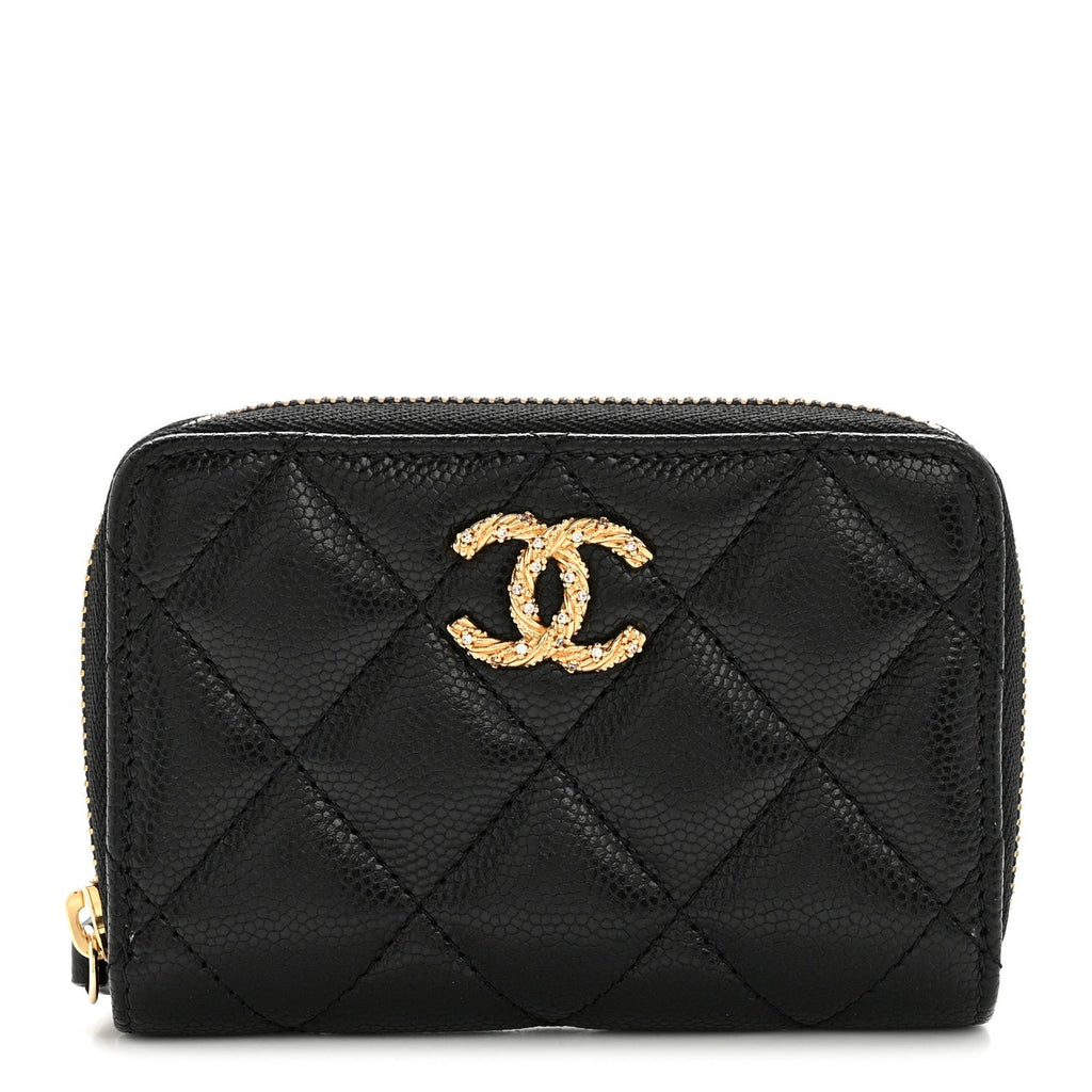 Caviar Quilted Crystal Zip Around Coin Purse Wallet Black