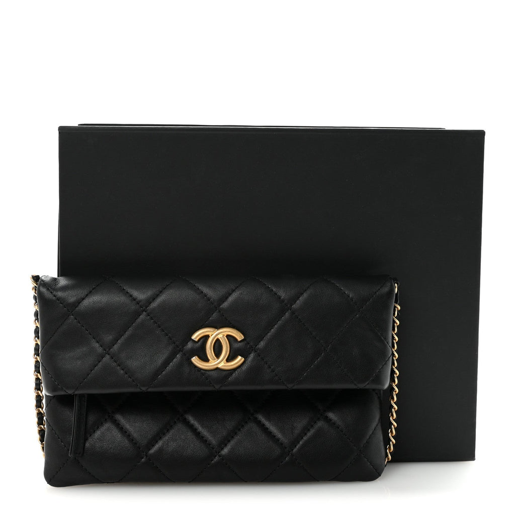 Chanel Calfskin Quilted Fold Over Clutch Black