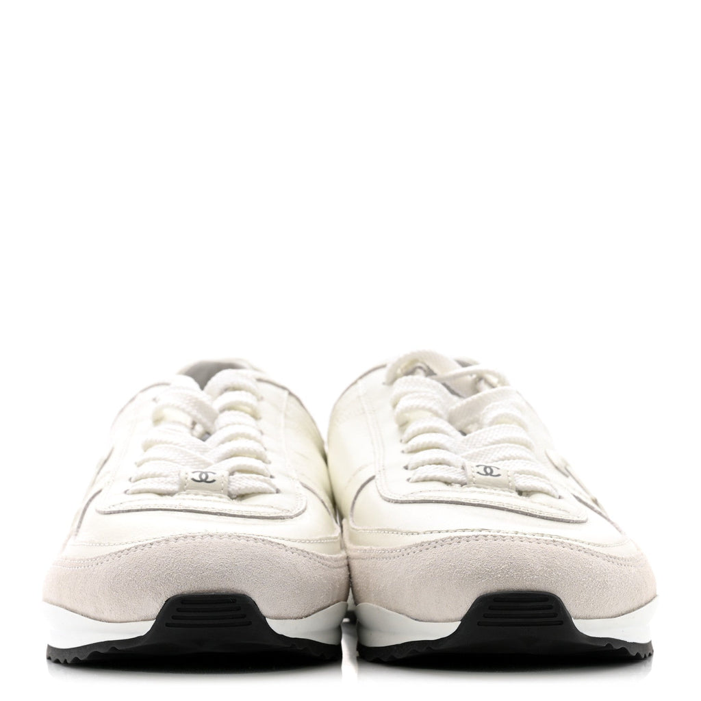 Chanel Suede Calfskin Quilted CC Sneakers 38.5 White Black