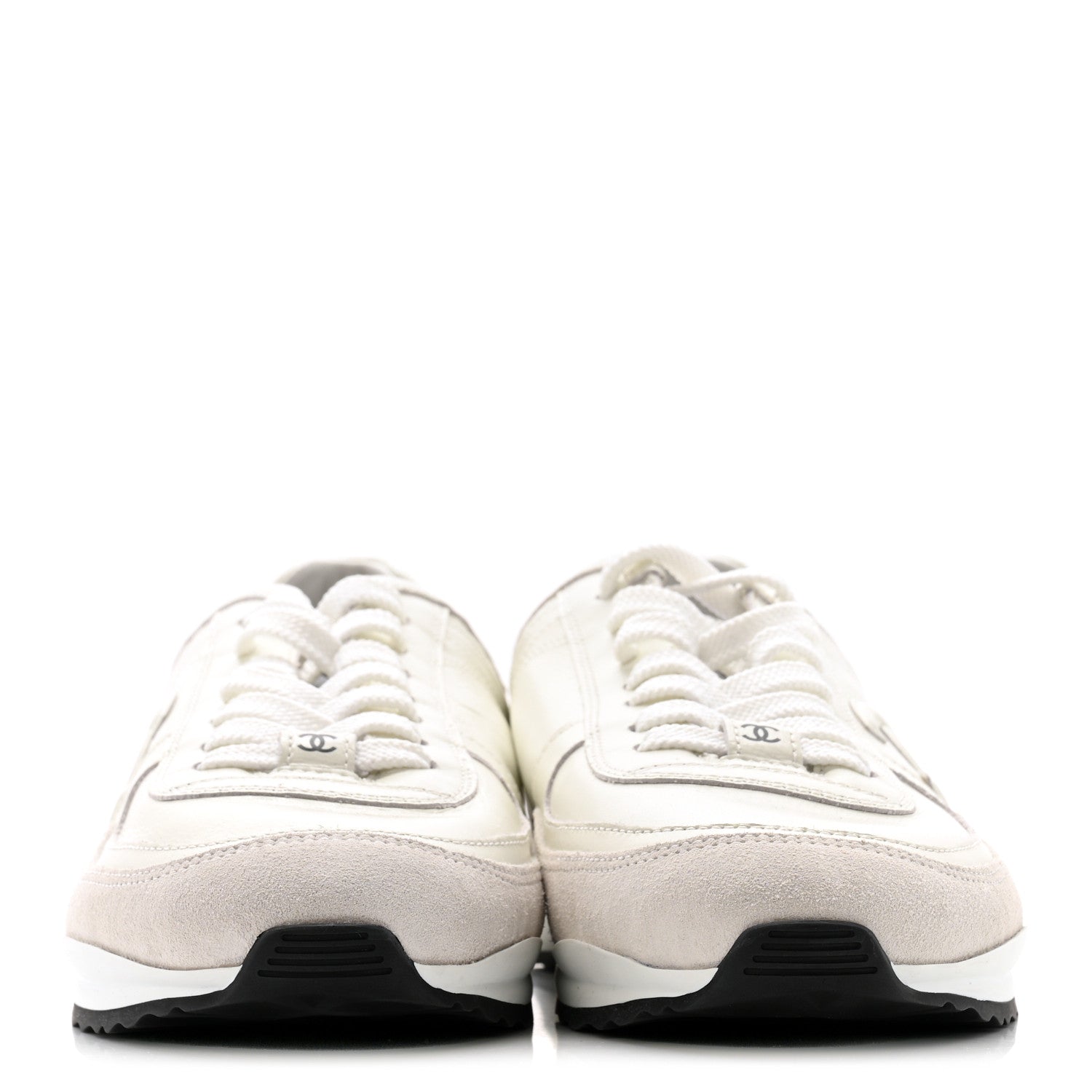 Chanel Suede Calfskin Quilted CC Sneakers 38.5 White Black