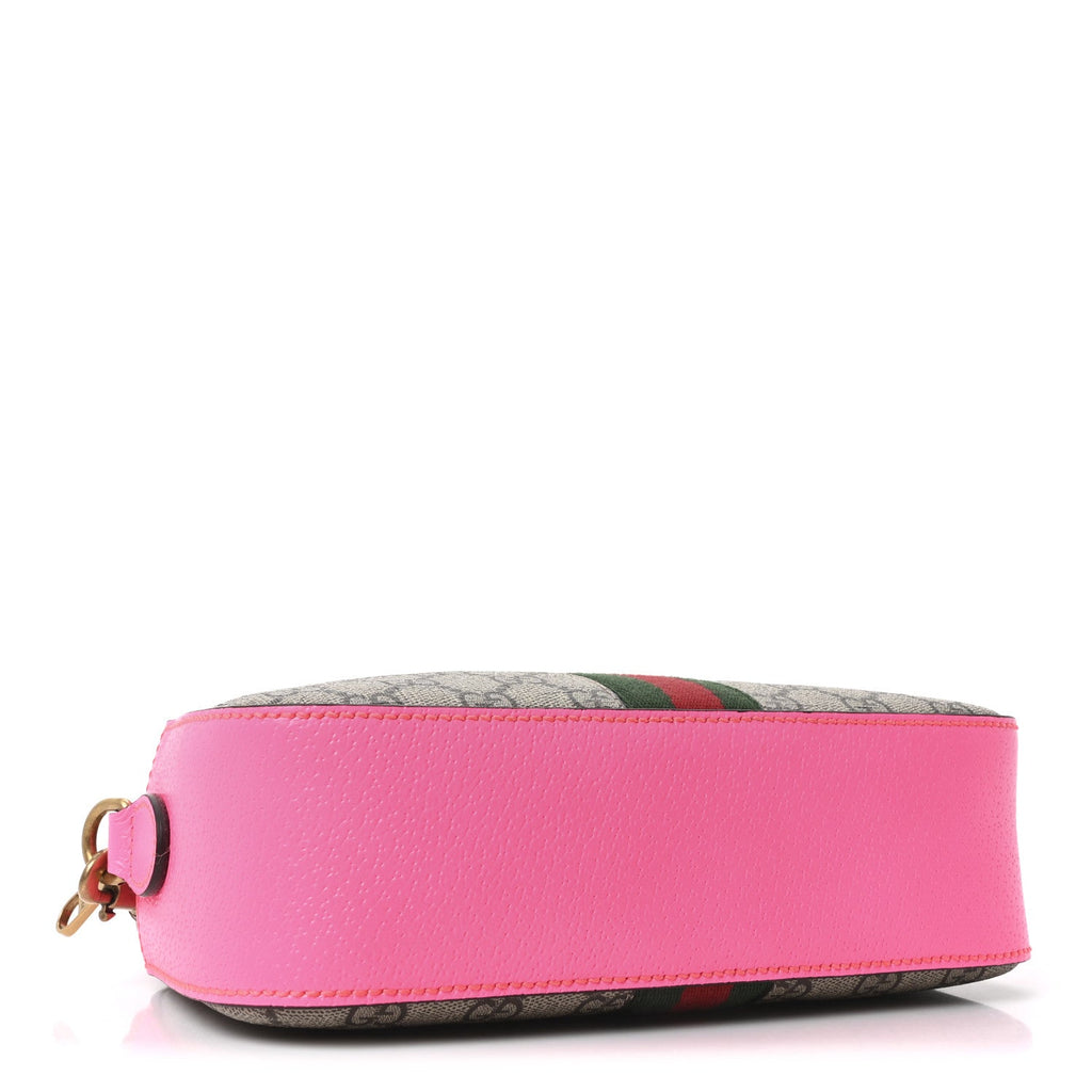 Gucci GG Supreme Monogram Textured Dollar Calfskin Web Ophidia Small Crossbody Bag Beige Ebony Fuchsia