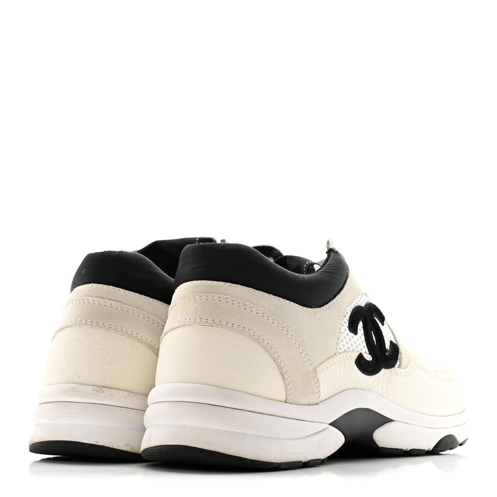 Mesh Suede Calfskin Grained Calfskin Womens CC Sneakers 38 White Black