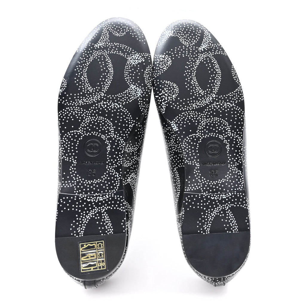 Calfskin Camellia Printed Cap Toe Ballerina Flats 36 Black White