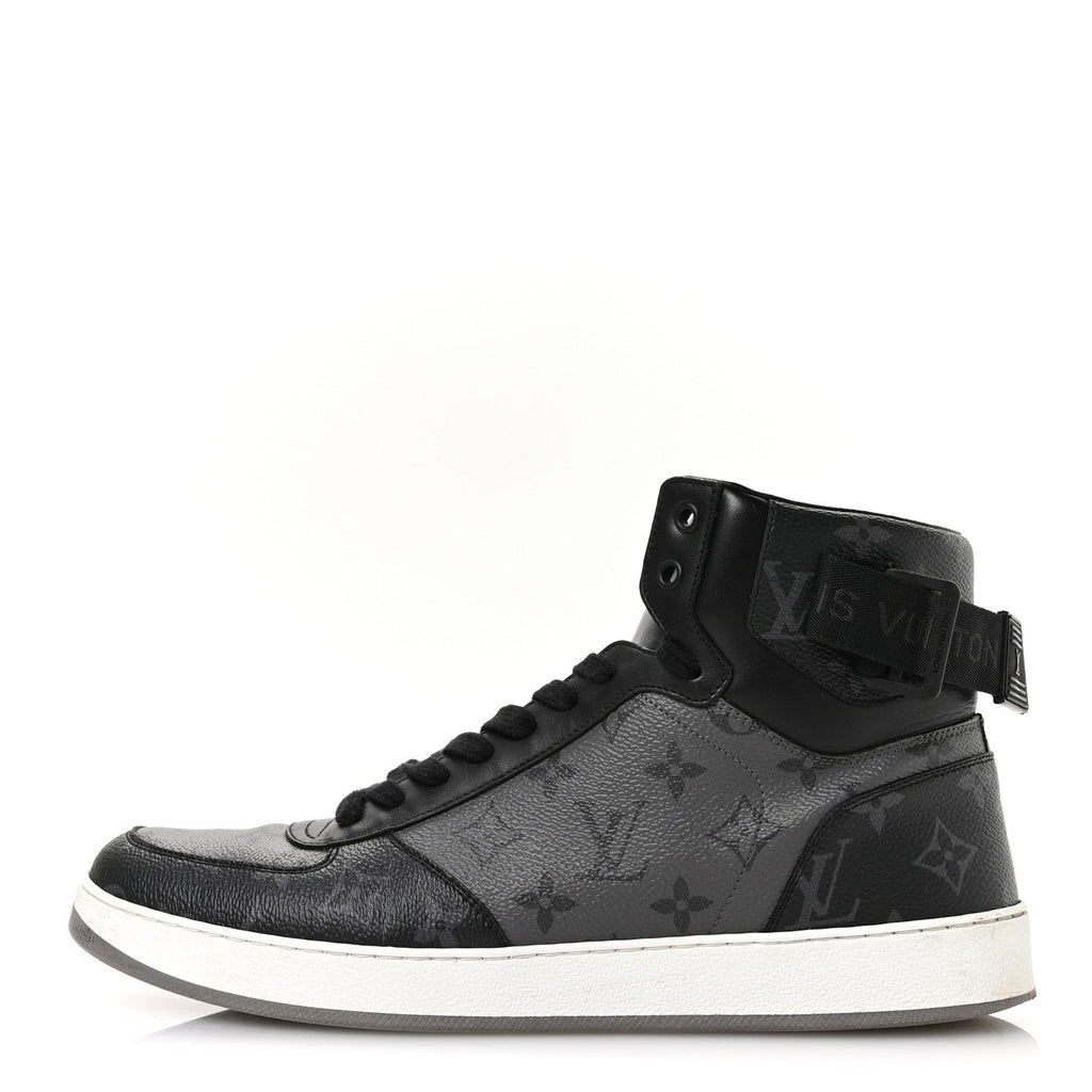 Louis Vuitton Calfskin Monogram Eclipse Mens Rivoli High Top Sneakers 10 Black Grey