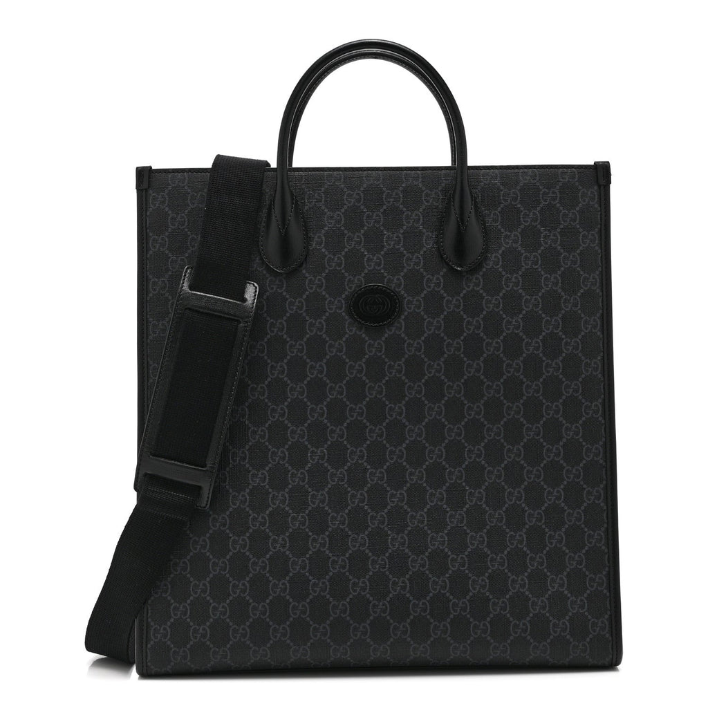 Gucci GG Supreme Monogram Azalea Calfskin Medium Retro Interlocking G Vertical Tote Bag Black