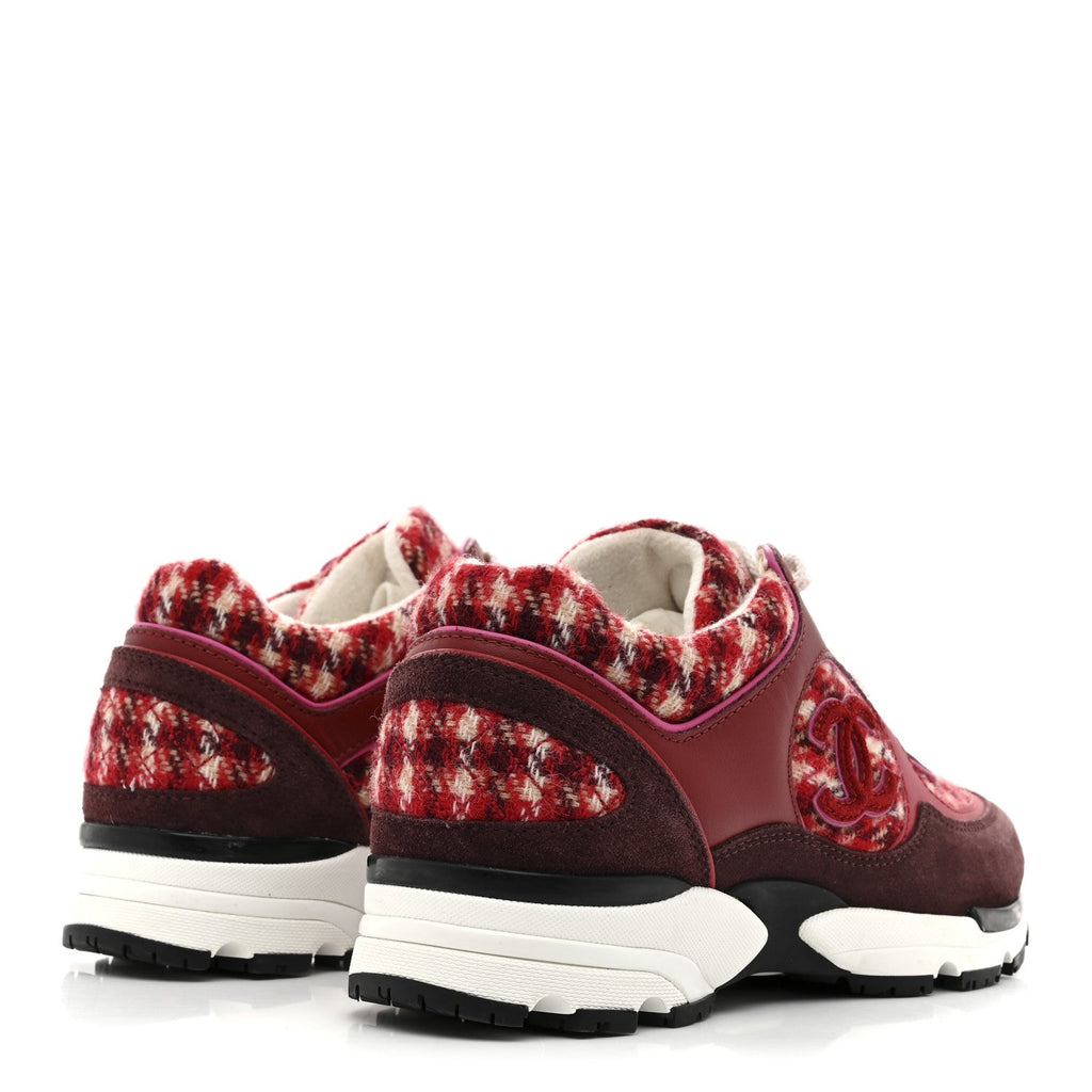 Chanel Wool Tweed Suede Calfskin Womens CC Sneakers 36 Red White Dark Brown Burgundy