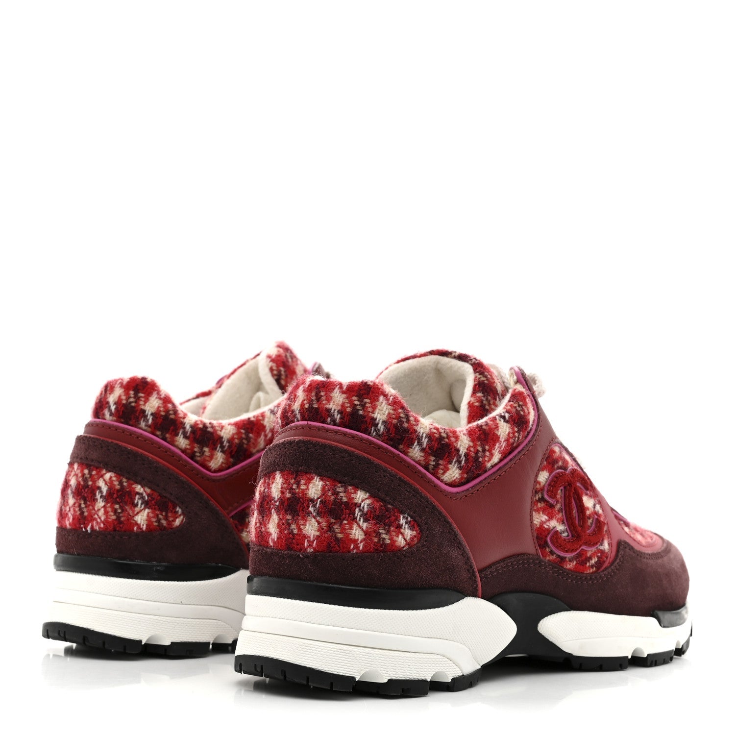 Chanel Wool Tweed Suede Calfskin Womens CC Sneakers 36 Red White Dark Brown Burgundy