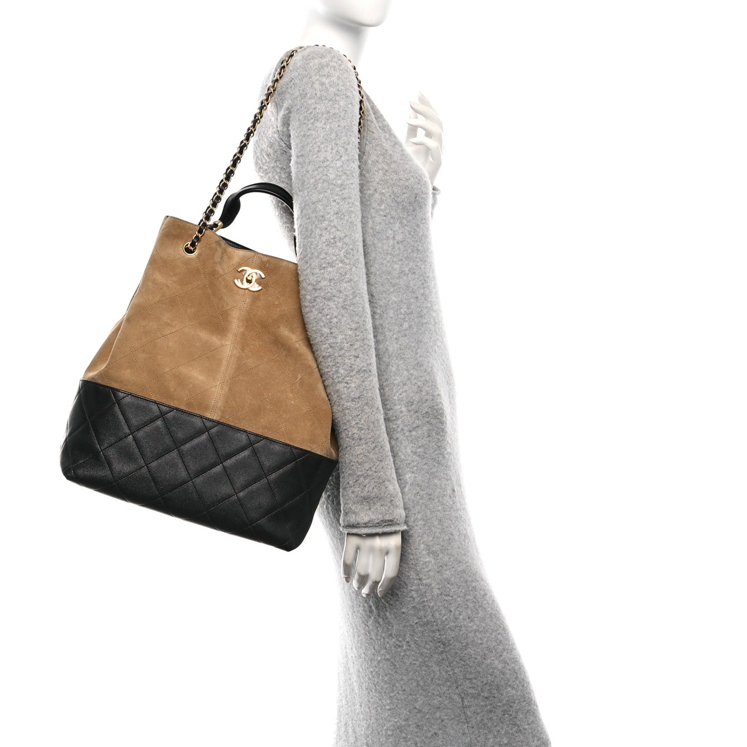 Chanel Suede Shiny Lambskin Quilted Large Shopping Bag Beige Black