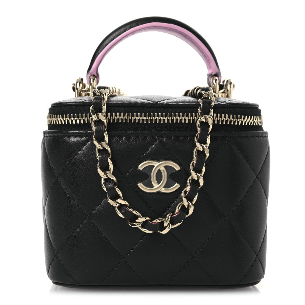 Chanel Lambskin Quilted Top Handle Mini Vanity Case With Chain Black Pink