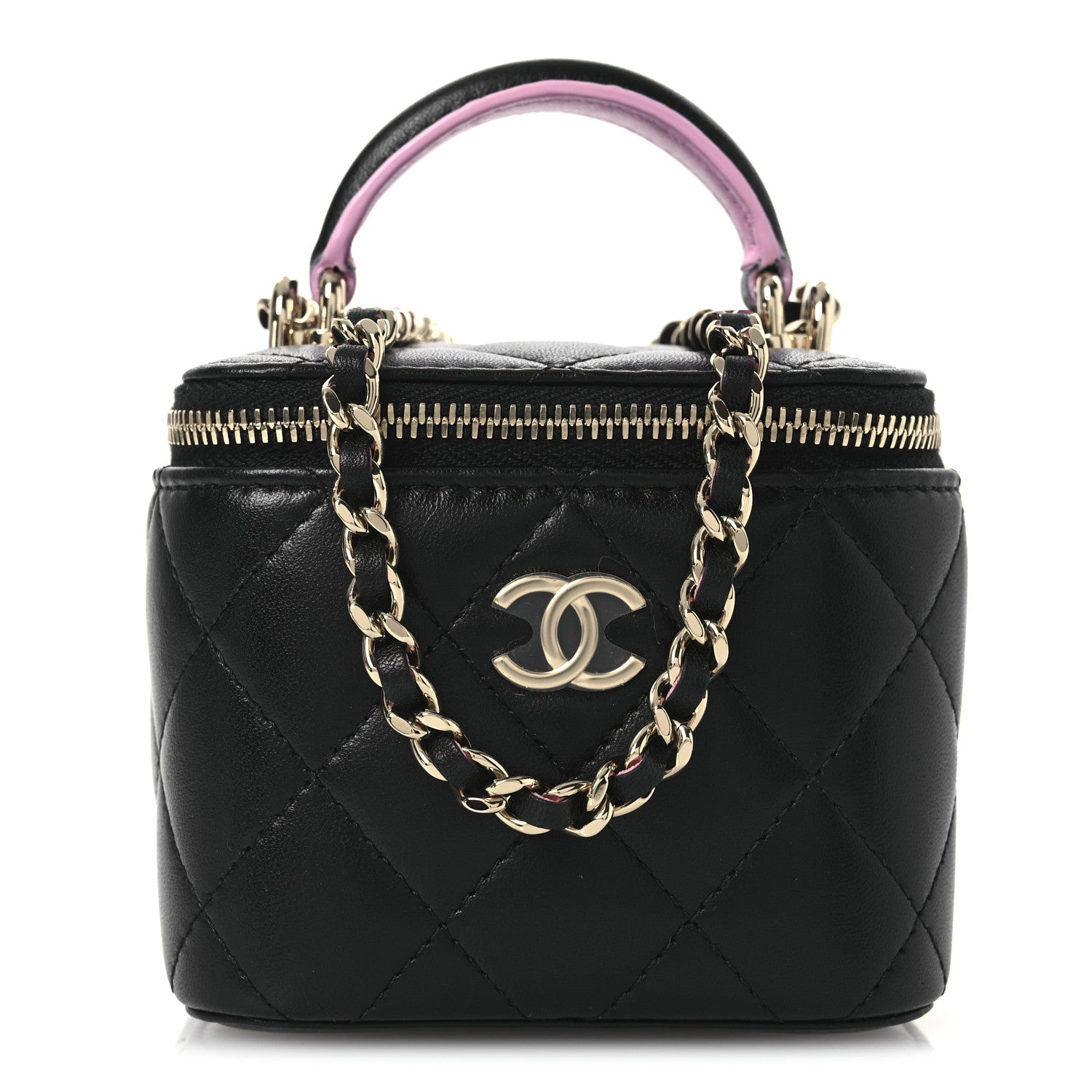 Chanel Lambskin Quilted Top Handle Mini Vanity Case With Chain Black Pink
