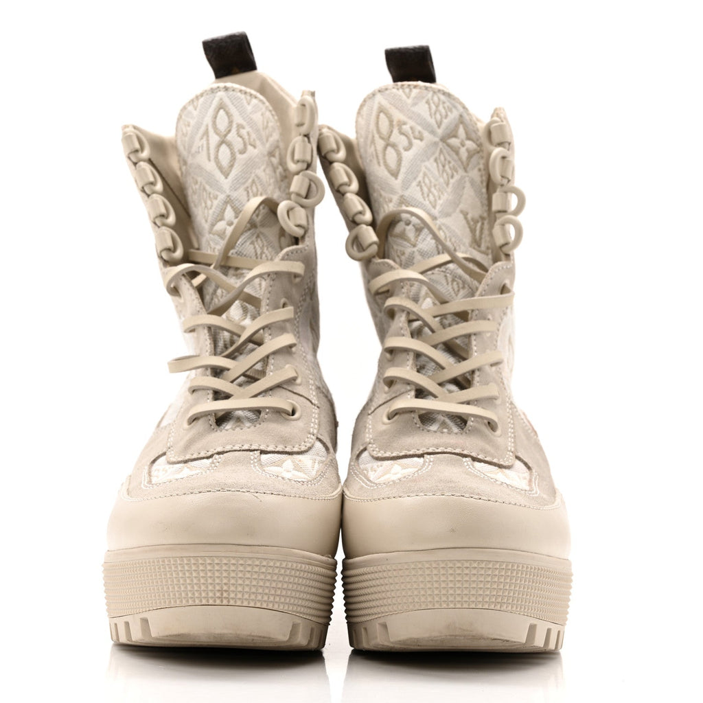 Louis Vuitton Suede Calfskin Jacquard Since 1854 Laureate Platform Desert Boots 37.5 Beige