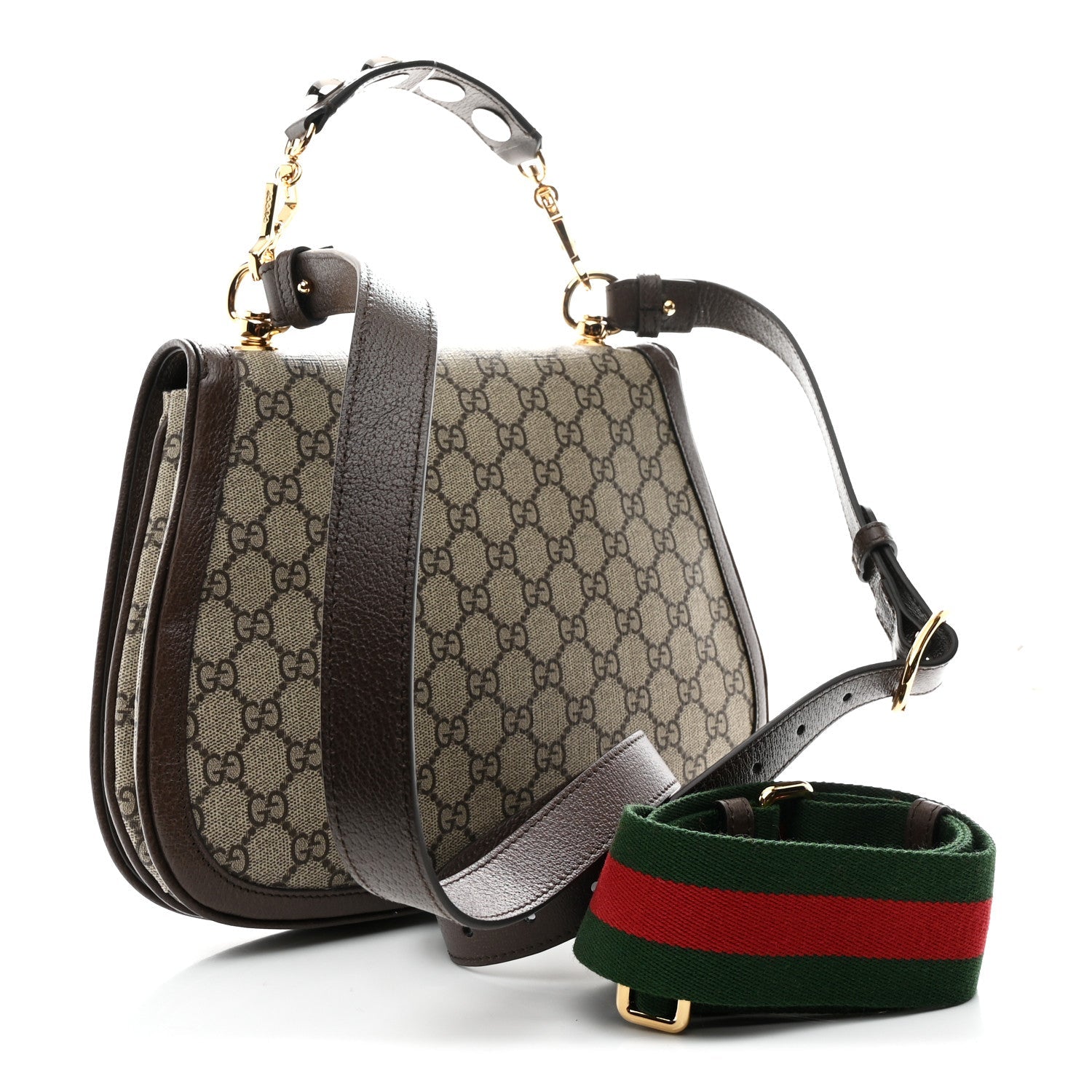 Gucci GG Supreme Monogram Textured Dollar Calfskin Web Medium Blondie Top Handle Shoulder Flap Bag Beige Ebony New Acero