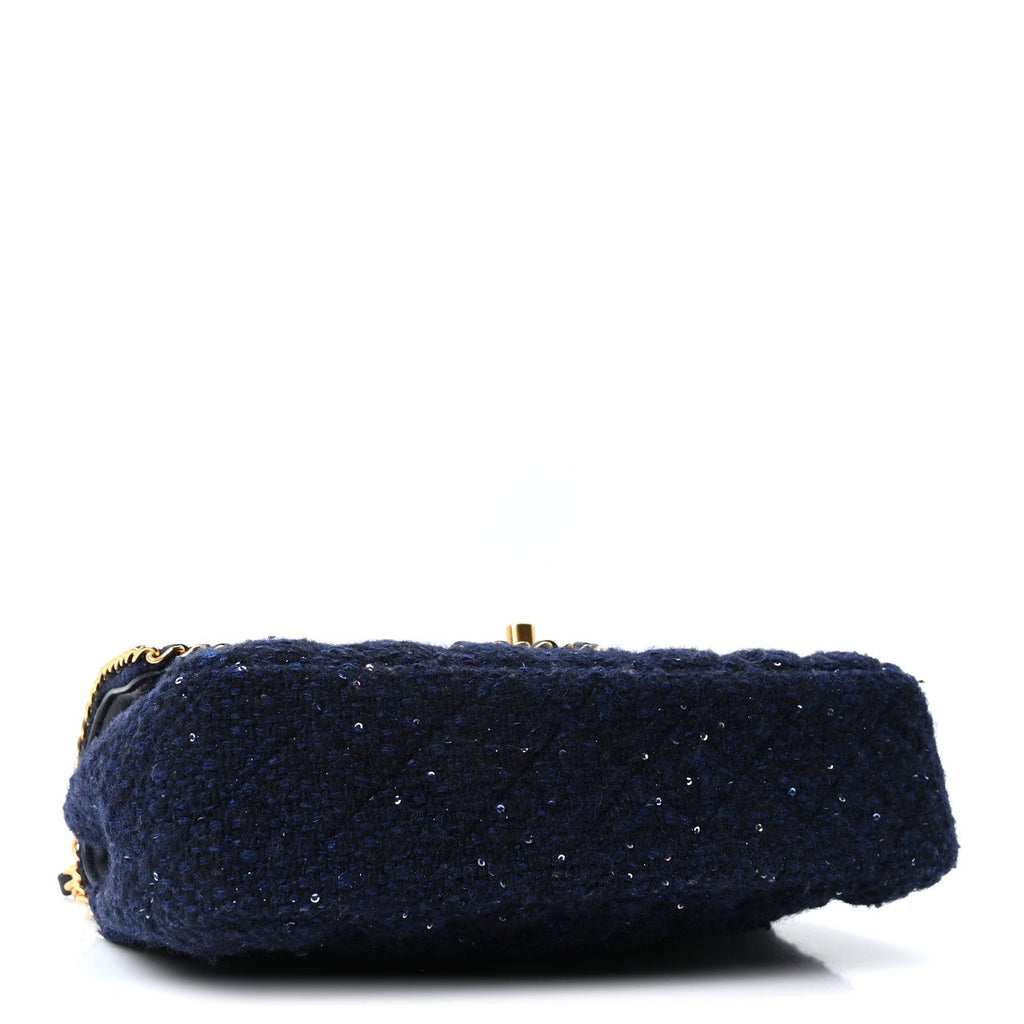 Chanel Tweed Sequin Timeless Classic Chained Double Flap Navy Blue