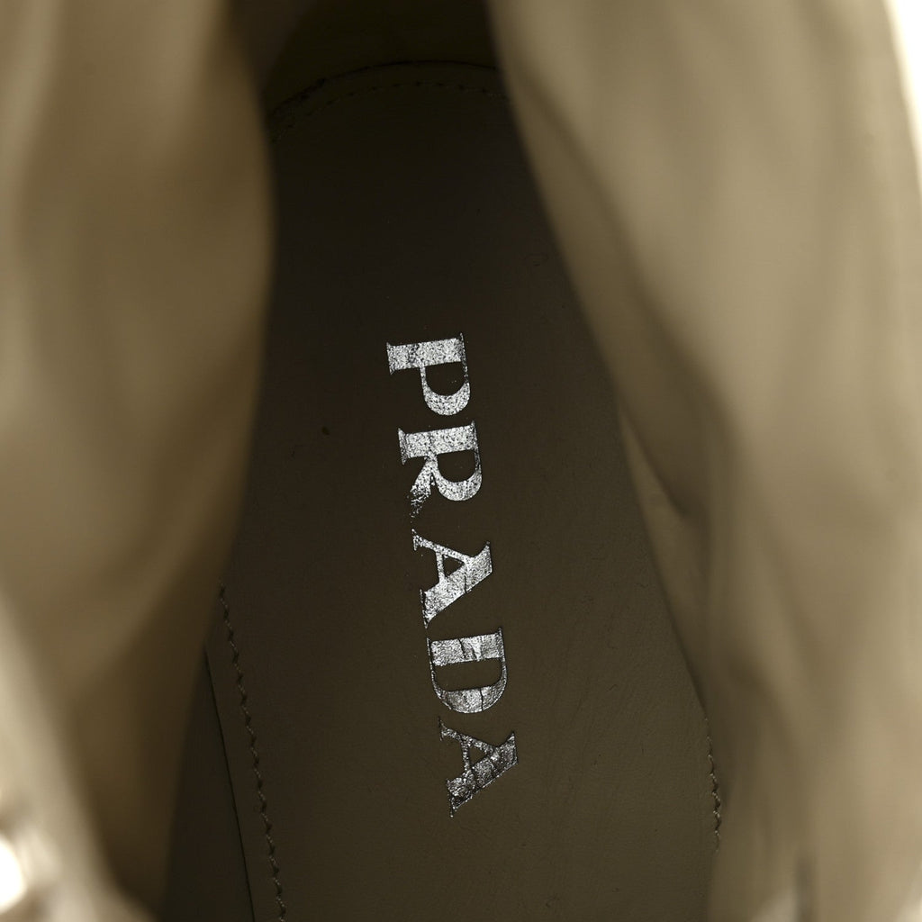 Prada Spazzolato Re-Nylon Metal Triangle Logo Womens 50mm Combat Boots 39 Deserto