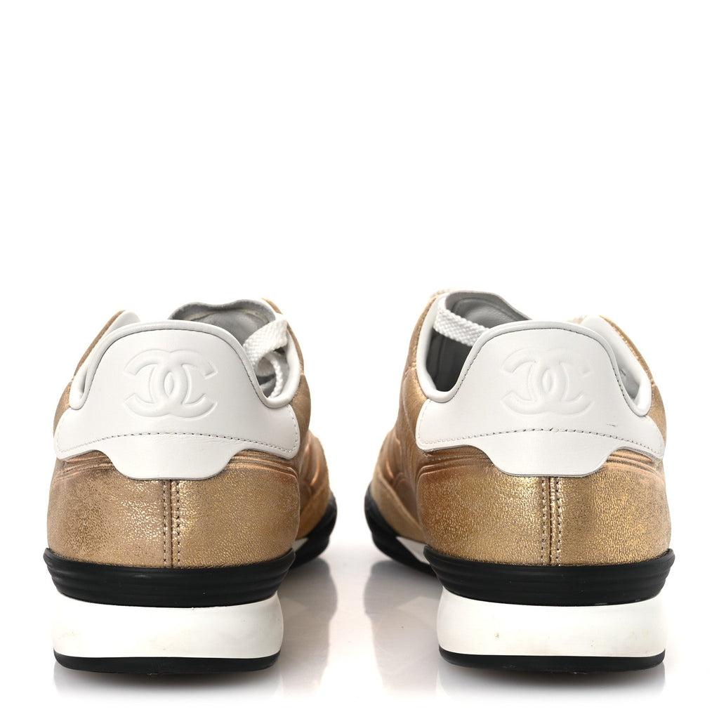 Laminated Calfskin Suede Quilted Womens CC Sneakers 39 Gold