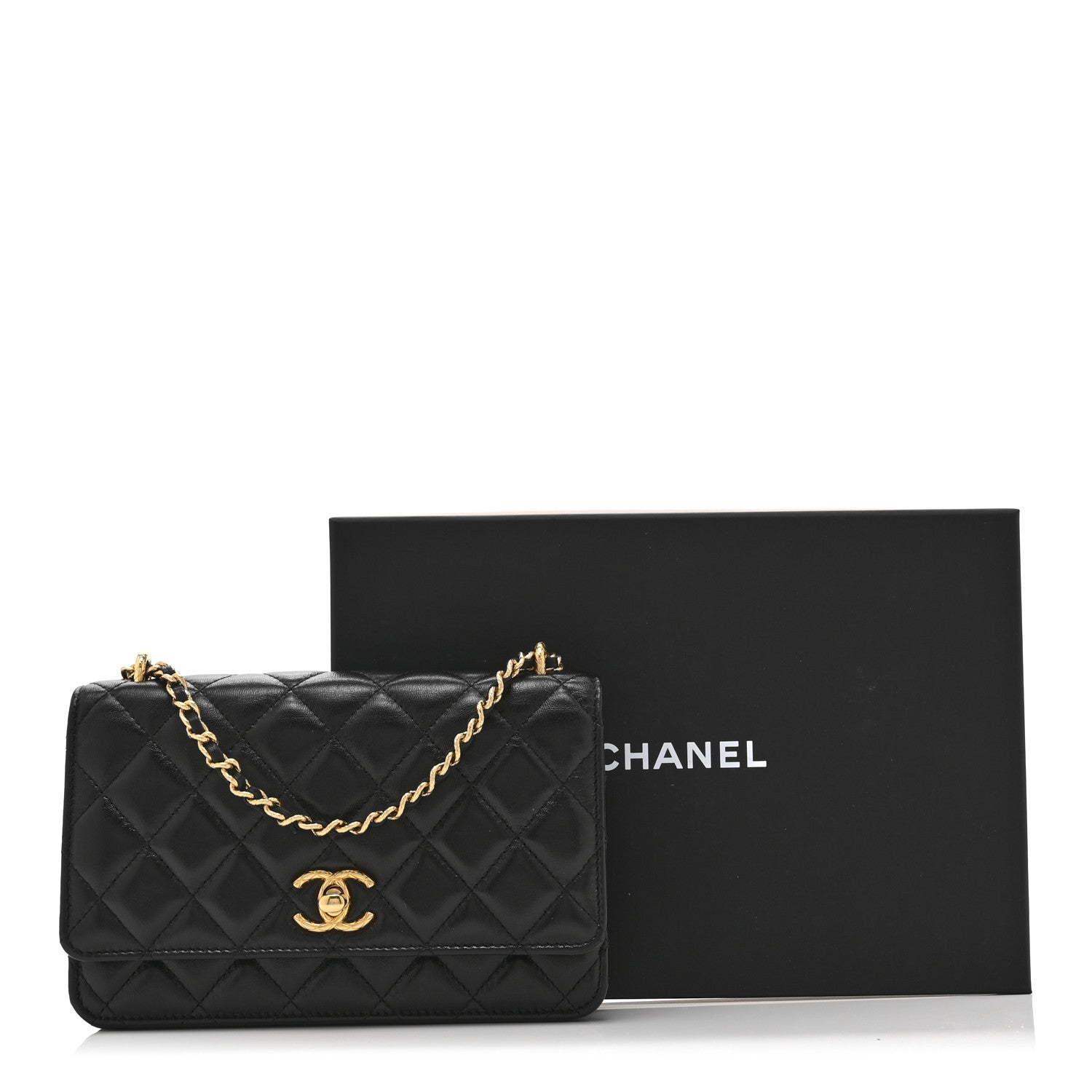 Chanel Shiny Lambskin Quilted Dynasty Wallet On Chain WOC Black