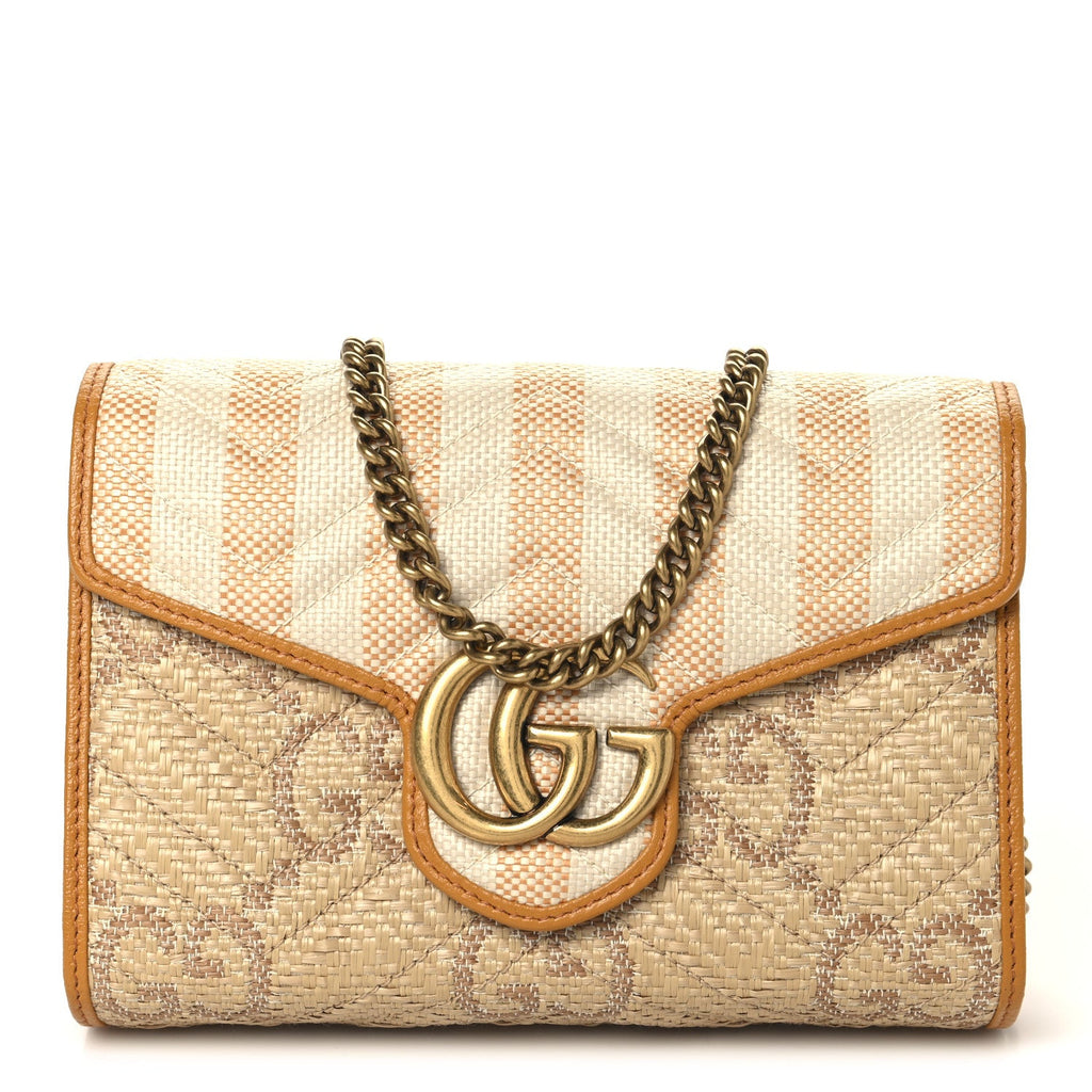 Gucci Raffia GG Monogram Matelasse GG Marmont Chain Wallet Natural Beige Off White Sun Oil