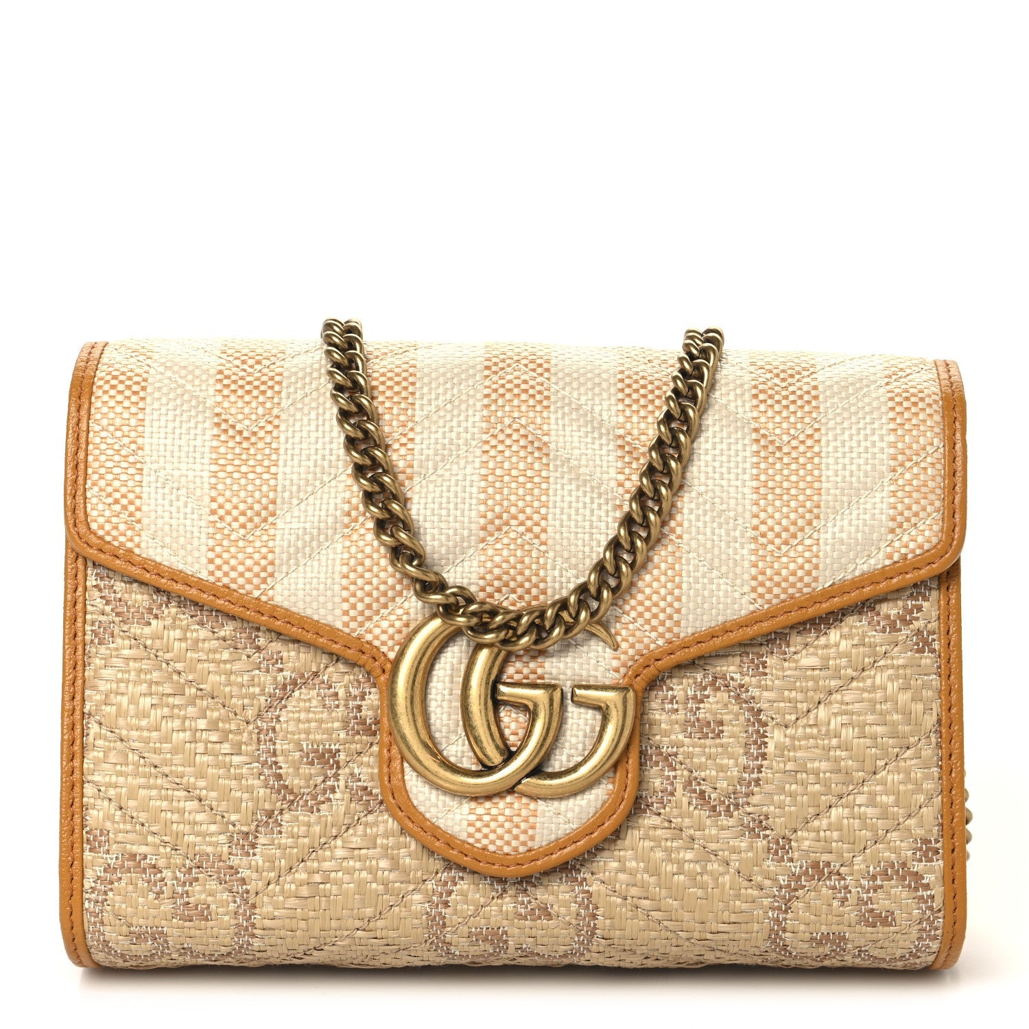 Gucci Raffia GG Monogram Matelasse GG Marmont Chain Wallet Natural Beige Off White Sun Oil