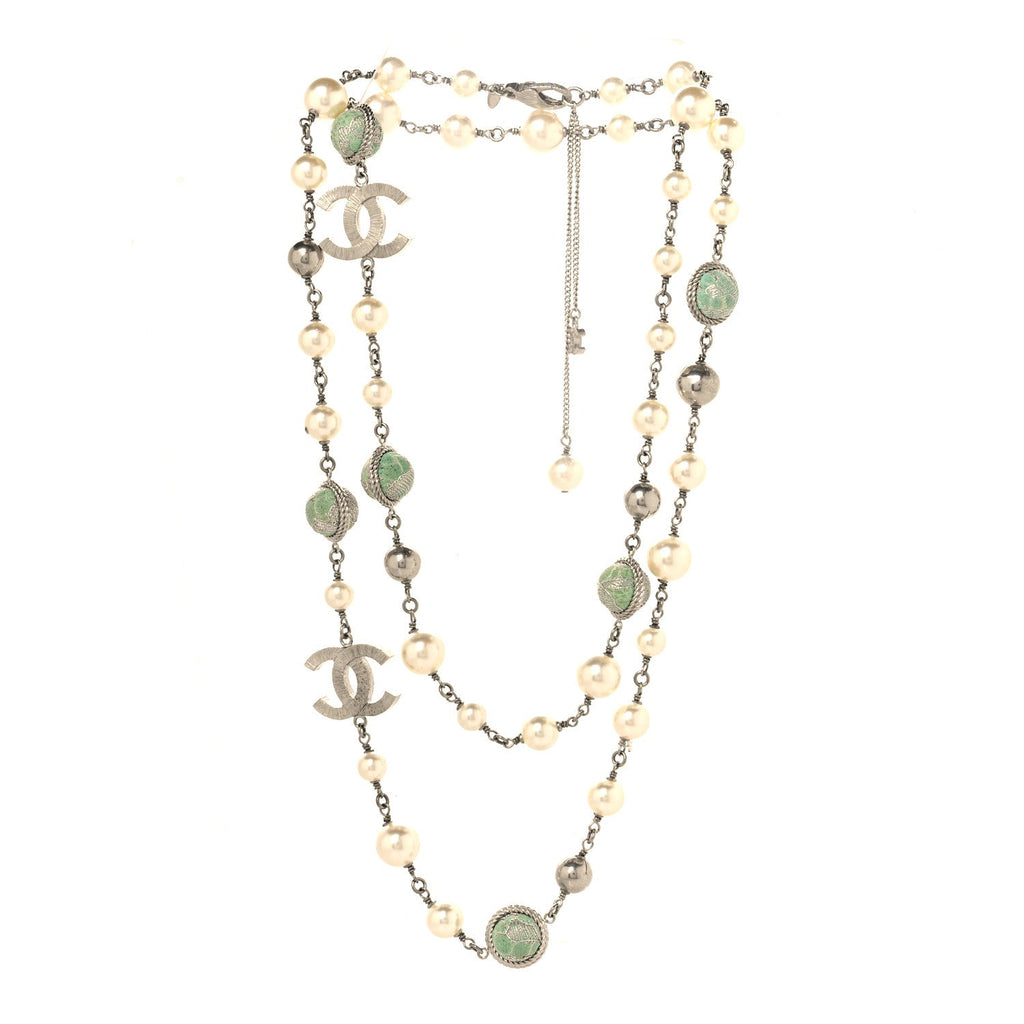 Pearl Beaded CC Long Necklace Silver Green
