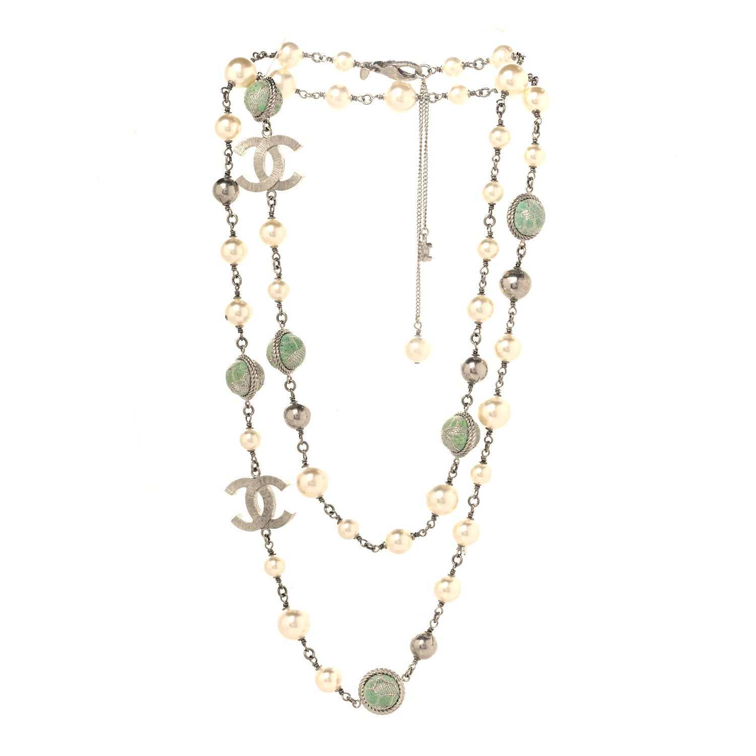 Pearl Beaded CC Long Necklace Silver Green