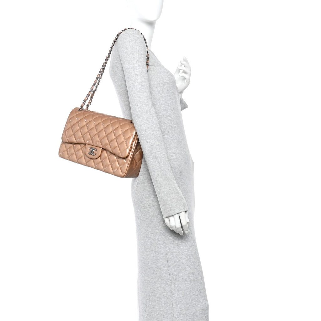 Chanel Patent Quilted Jumbo Double Flap Light Brown