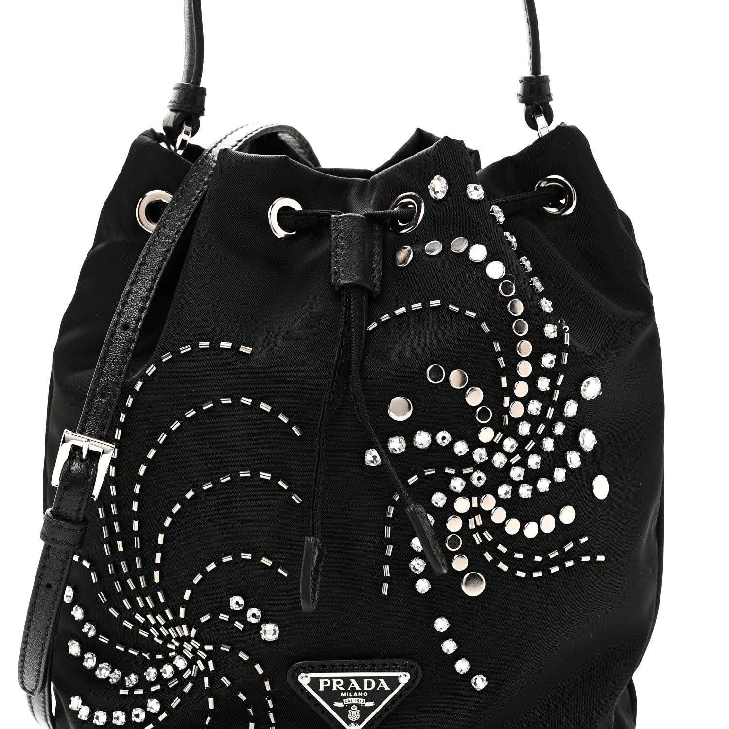 Prada Tessuto Saffiano Ricamo Sequin Crystal Embellished Mini Re-Edition 1978 Bucket Bag Black