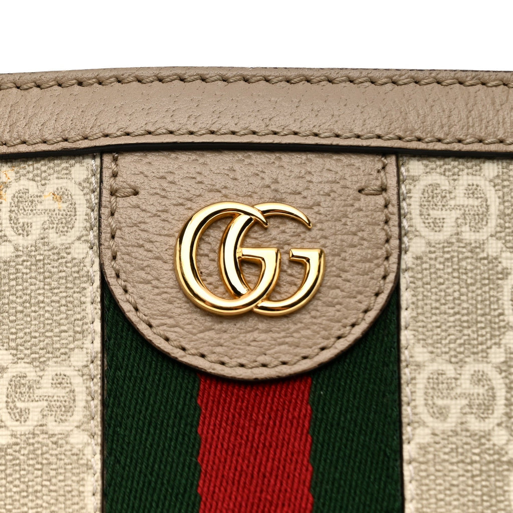 Gucci GG Supreme Monogram Textured Dollar Calfskin Web Medium Ophidia Shopping Tote Beige Mystic White Oatmeal